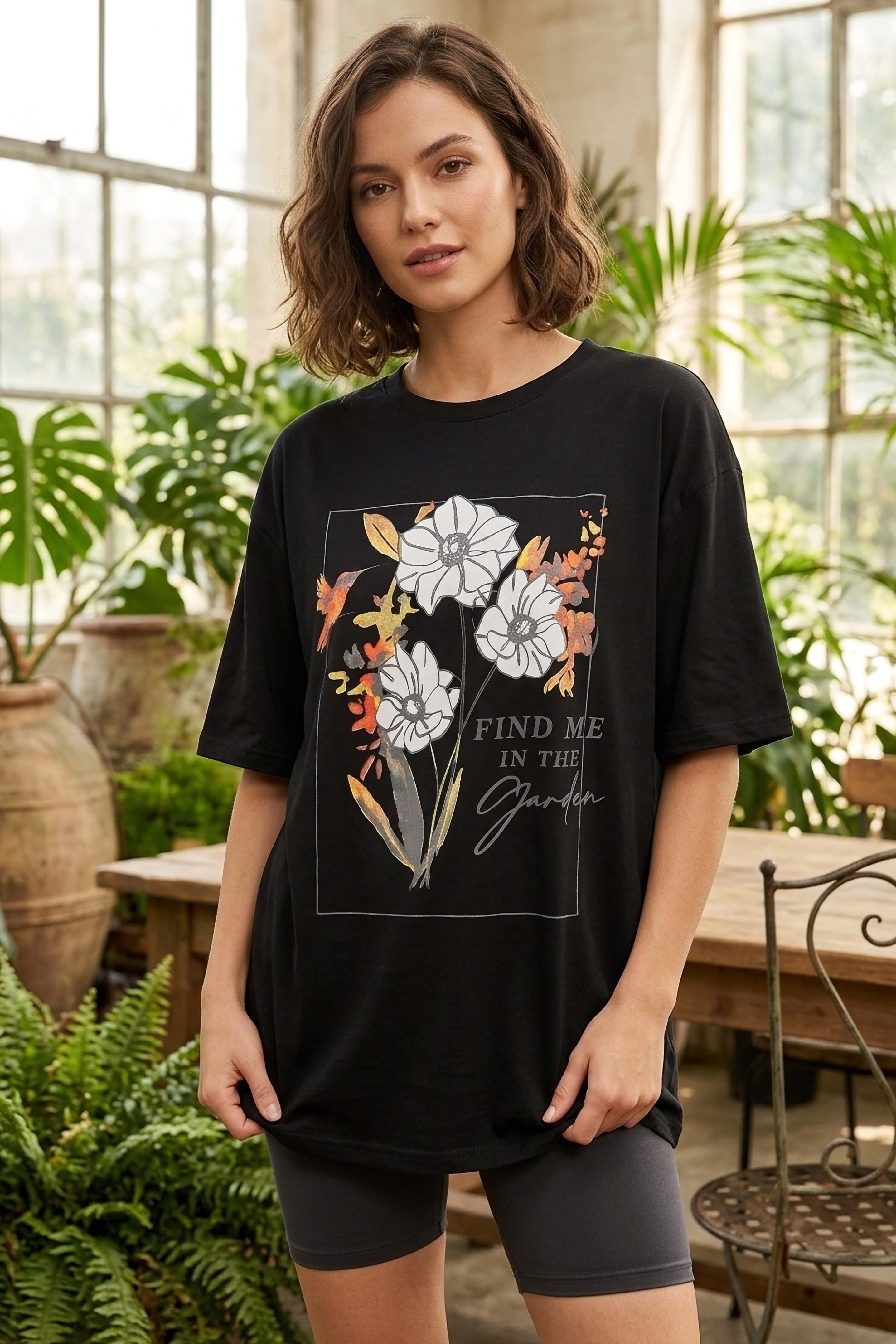 Baskılı Kısa Kollu Tunik - 1309-SIYAH - 1