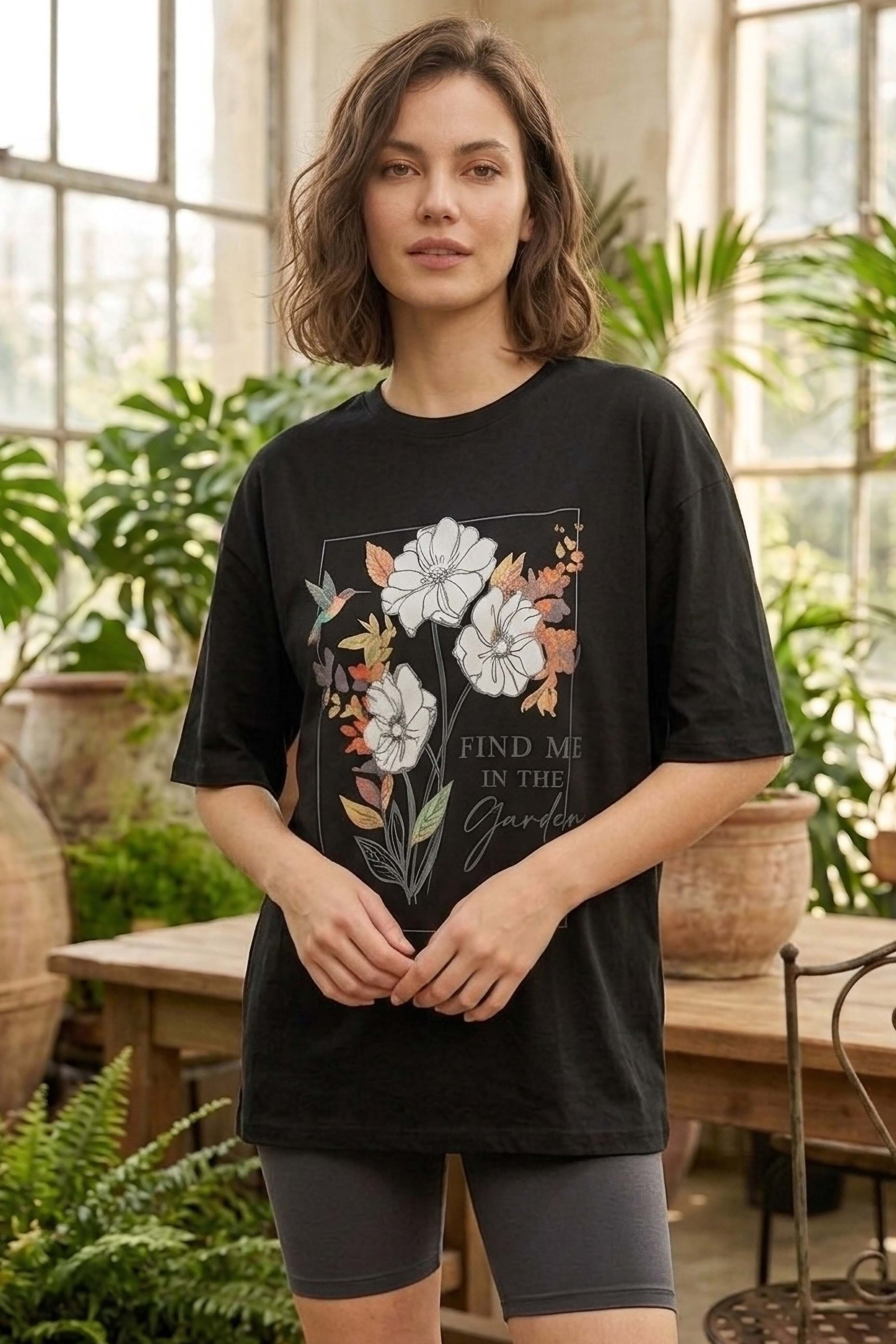 Baskılı Kısa Kollu Tunik - 1309-SIYAH - 2