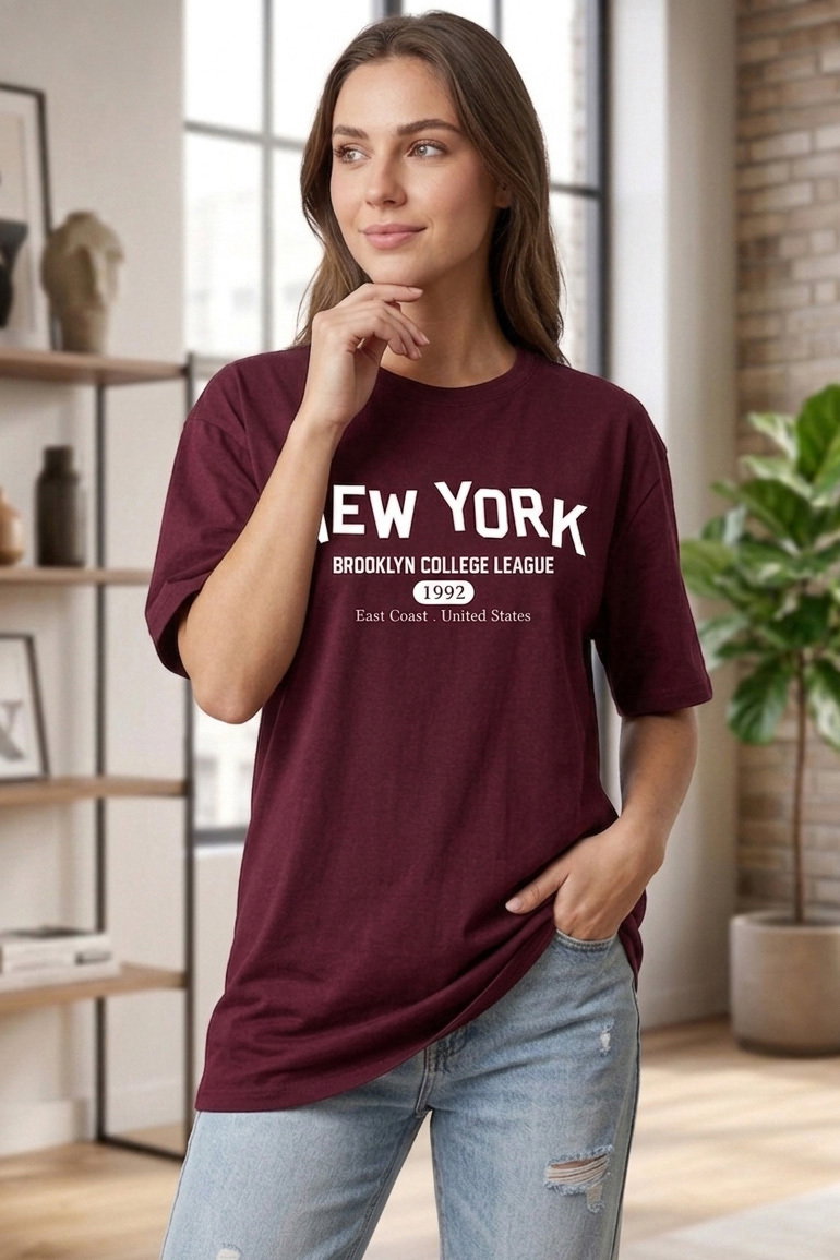 Baskılı Kısa Kollu Tunik - 1311-BORDO - 1