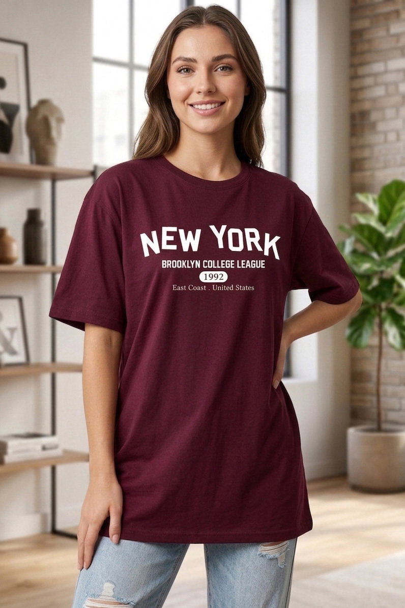 Baskılı Kısa Kollu Tunik - 1311-BORDO - 2