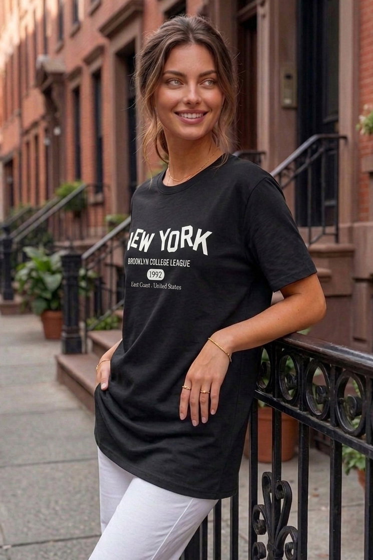 Baskılı Kısa Kollu Tunik - 1311-SIYAH - 1