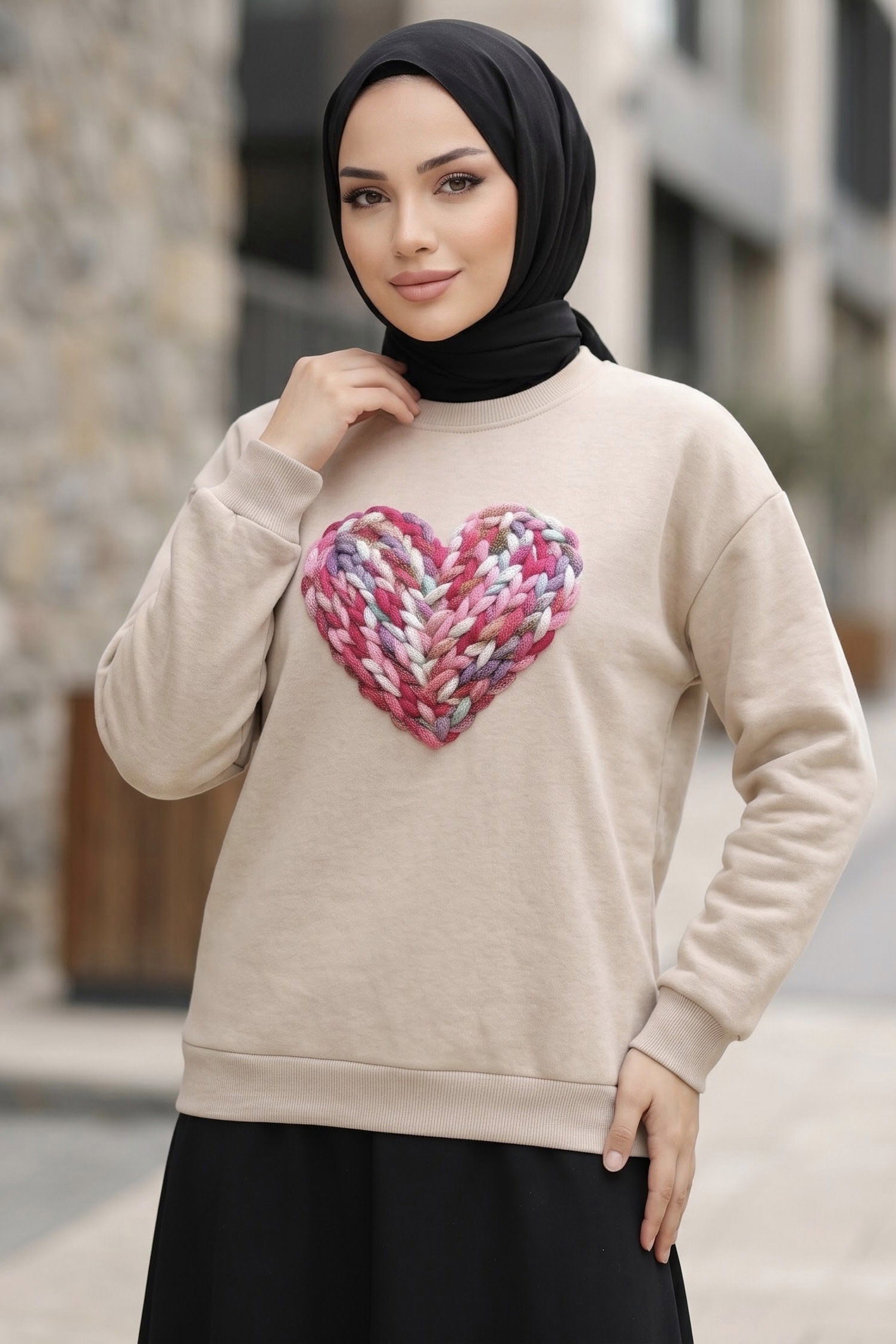 Baskılı Kısa sweatshirt Bej - 2025-BEJ - 1