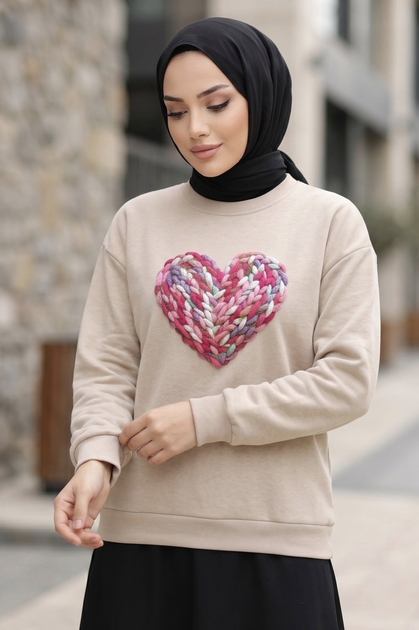 Baskılı Kısa sweatshirt Bej - 2025-BEJ - 2