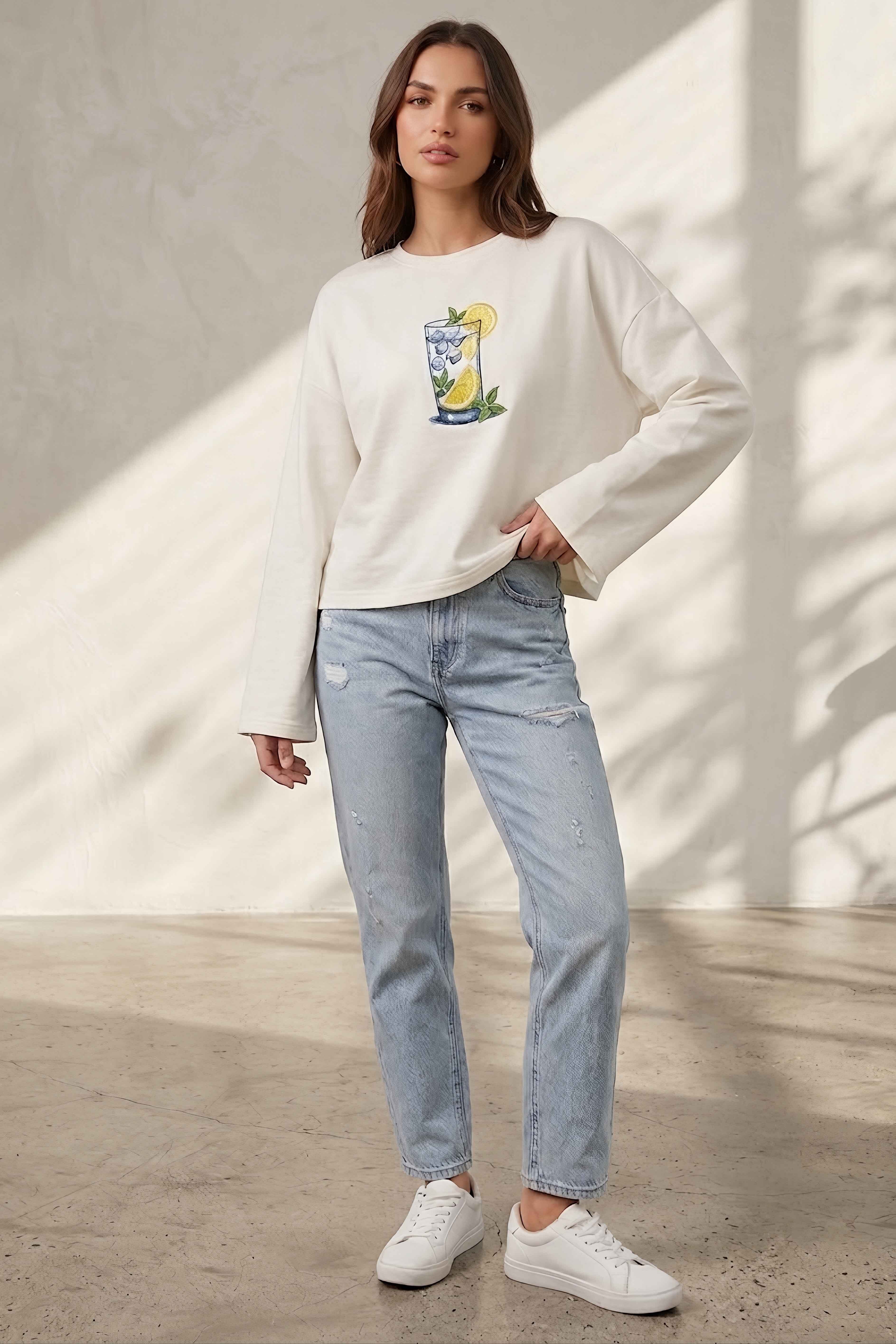 Baskılı Oversize Sweat D1 Beyaz - 28778-D1-BEYAZ - 2