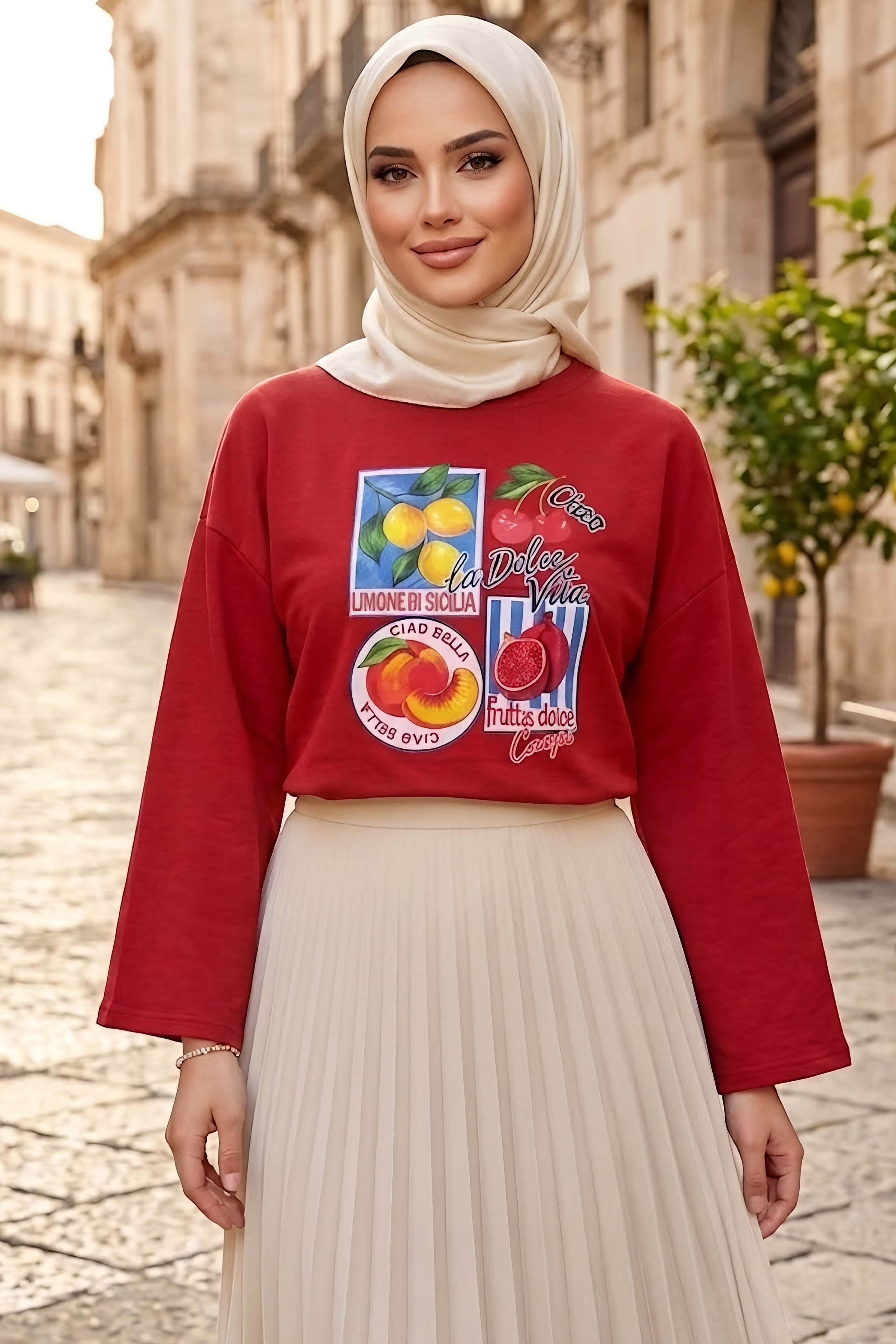 Baskılı Oversize Sweat D1 Kirmizi - 28778-D1-KIRMIZI - 1