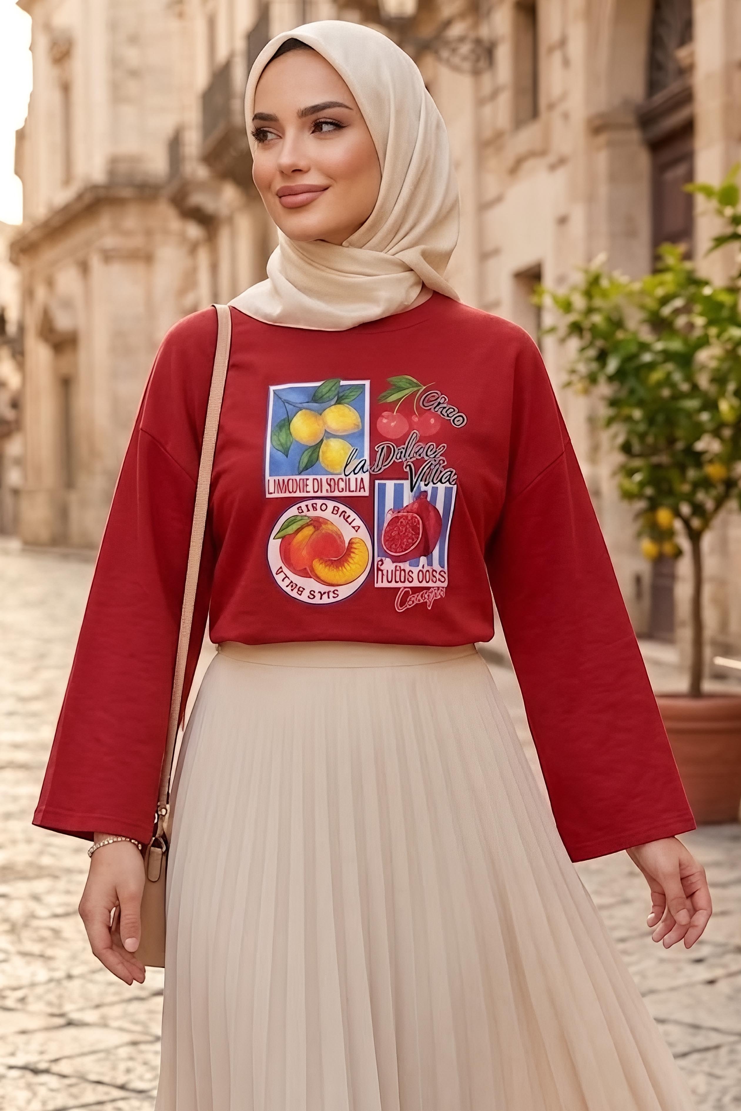 Baskılı Oversize Sweat D1 Kirmizi - 28778-D1-KIRMIZI - 2