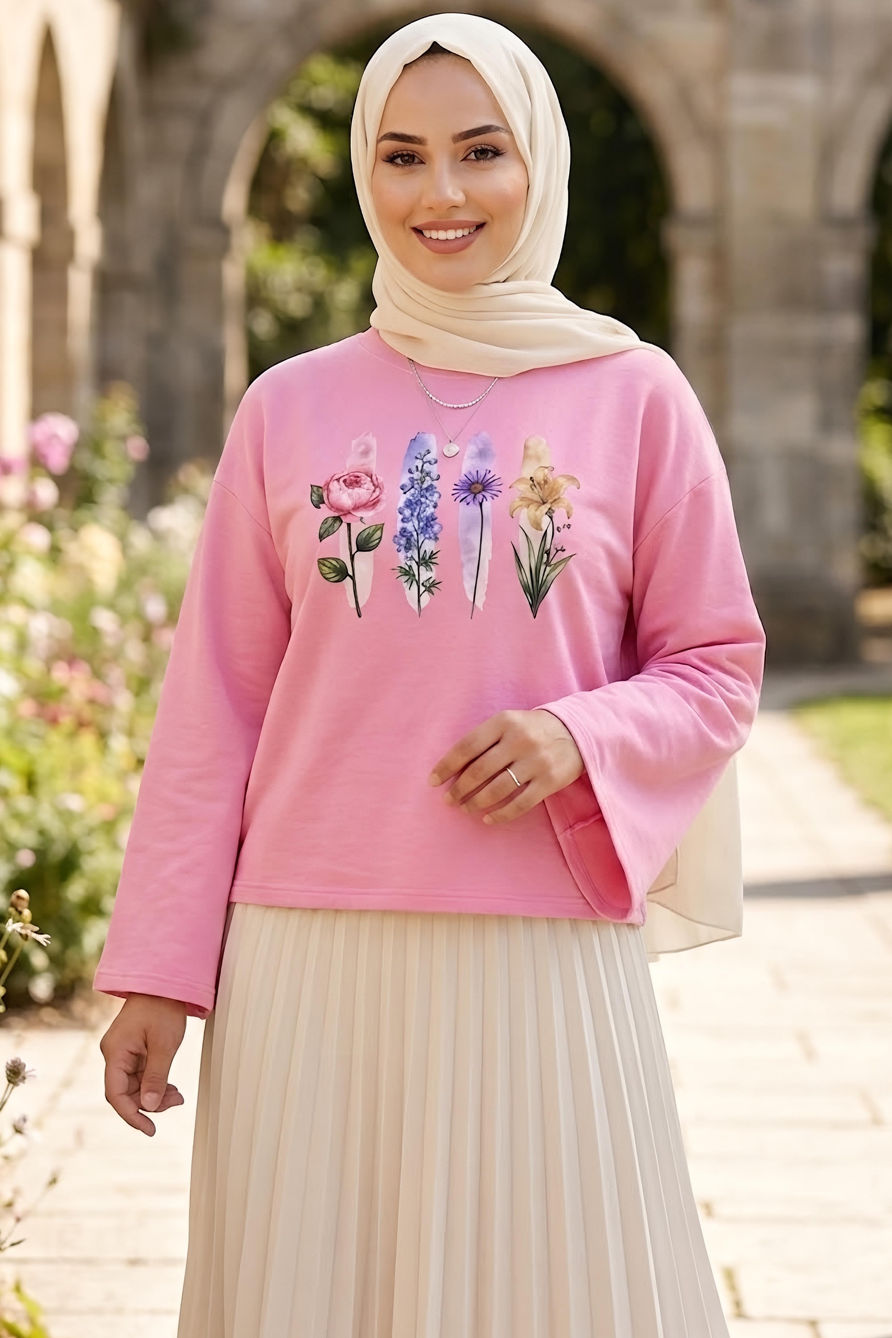 Baskılı Oversize Sweat D1 Pembe - 28778-D1-PEMBE - 1
