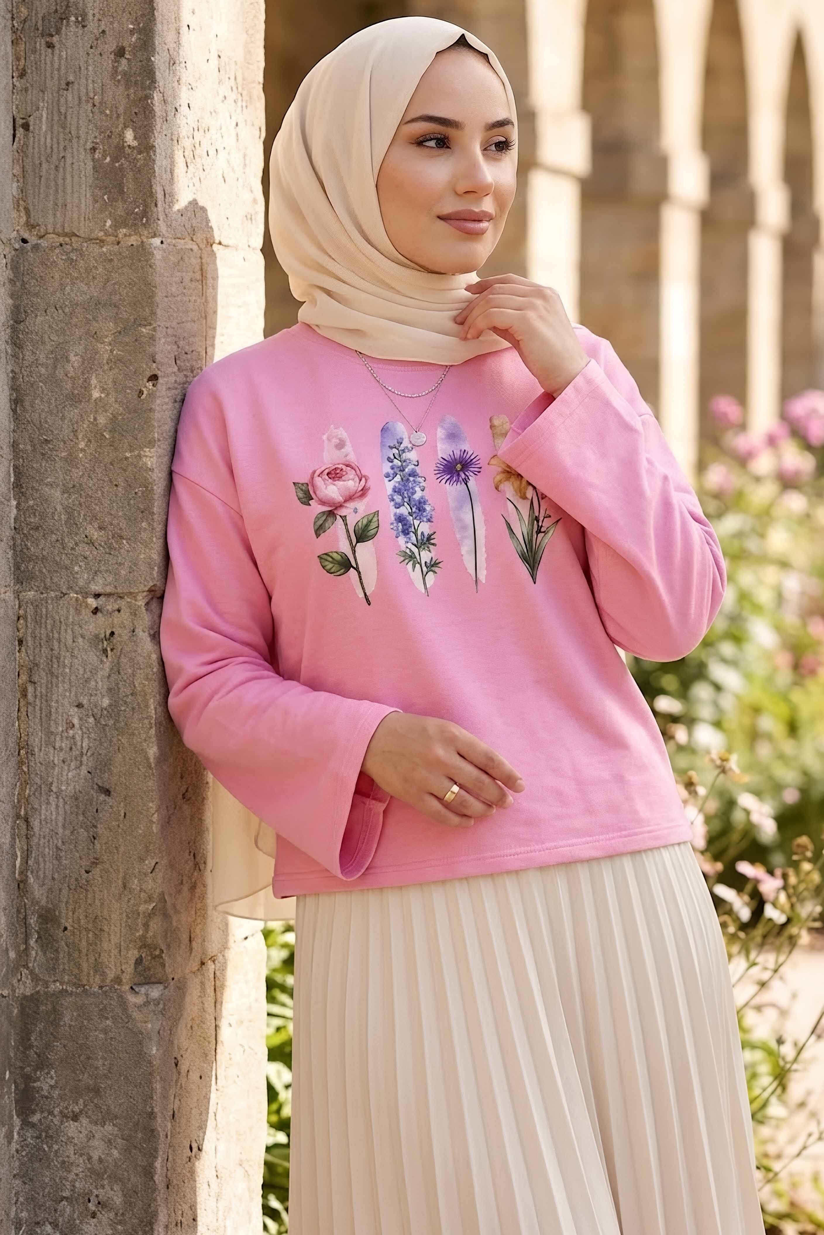 Baskılı Oversize Sweat D1 Pembe - 28778-D1-PEMBE - 2