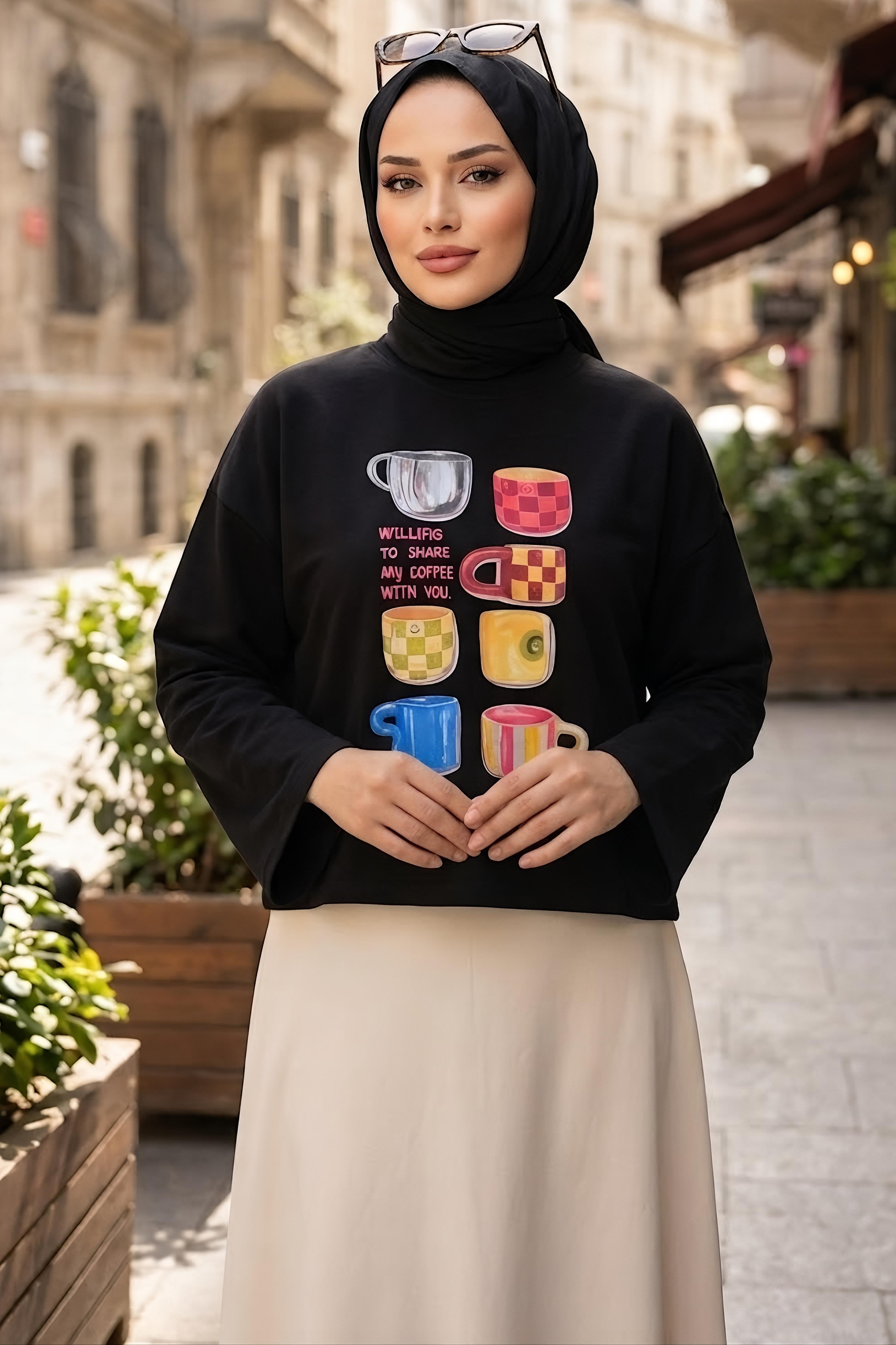 Baskılı Oversize Sweat D1 Siyah - 28778-D1-SIYAH - 1