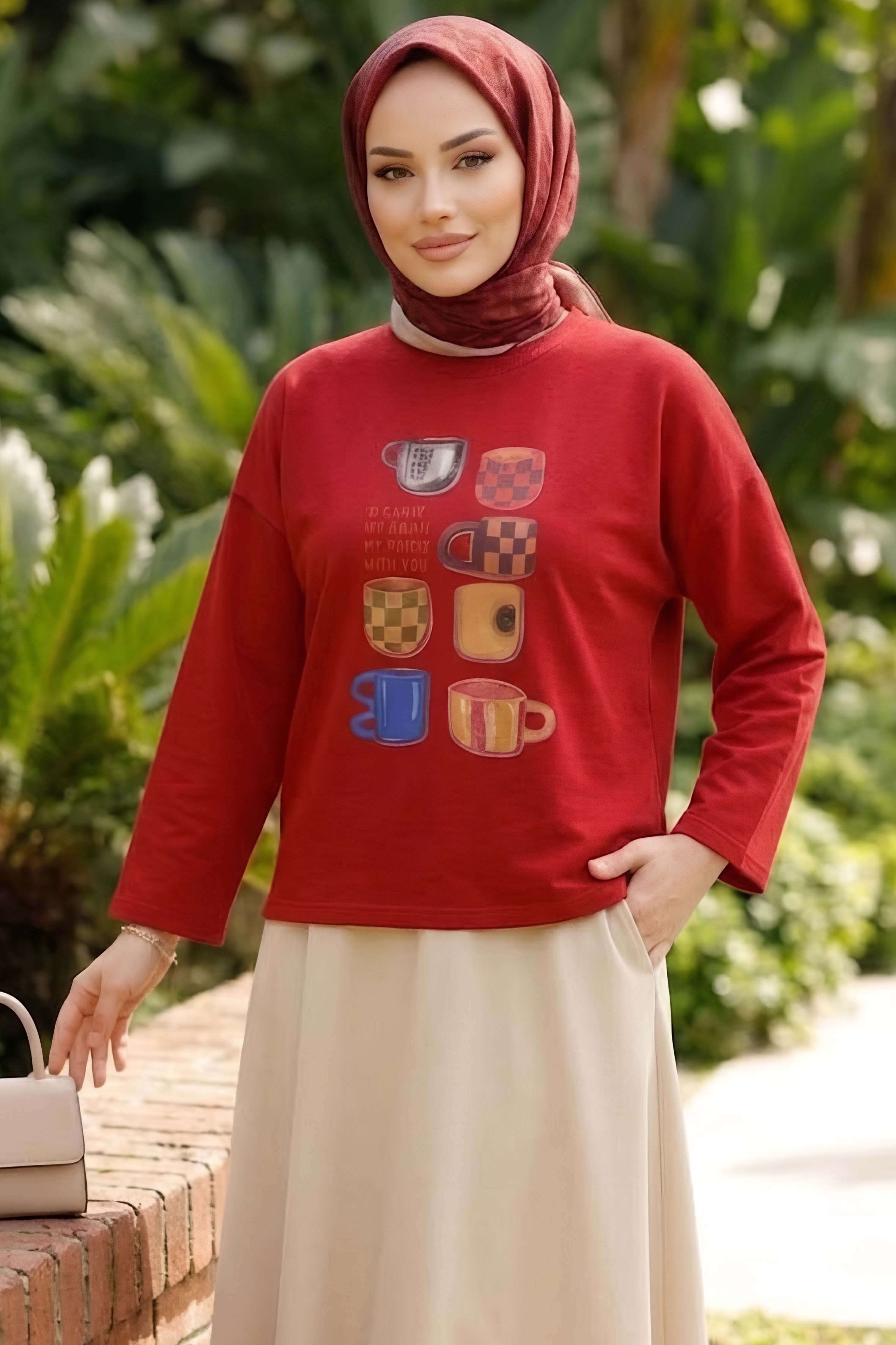 Baskılı Oversize Sweat D2 Kirmizi - 28778-D2-KIRMIZI - 1