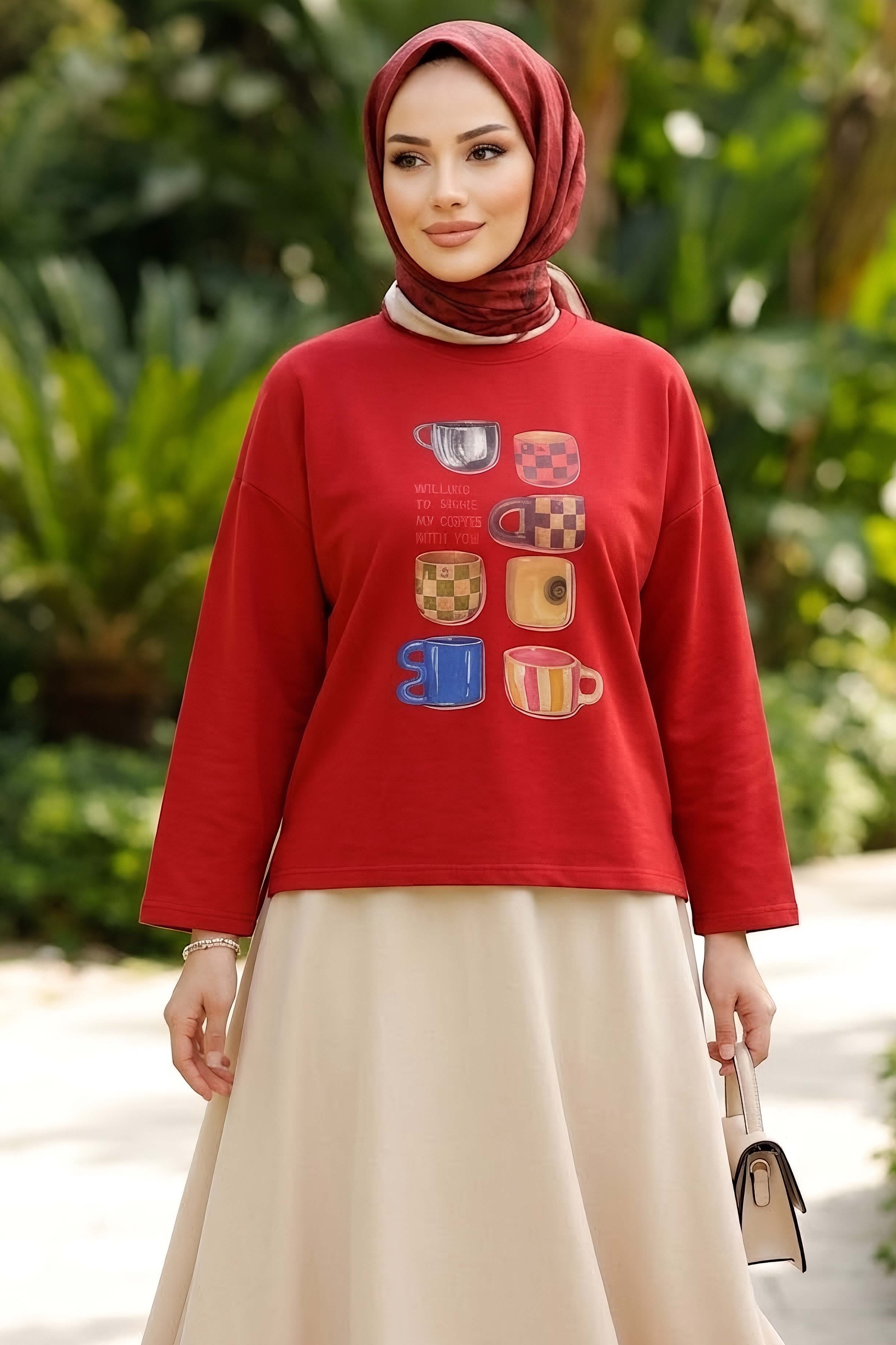 Baskılı Oversize Sweat D2 Kirmizi - 28778-D2-KIRMIZI - 2