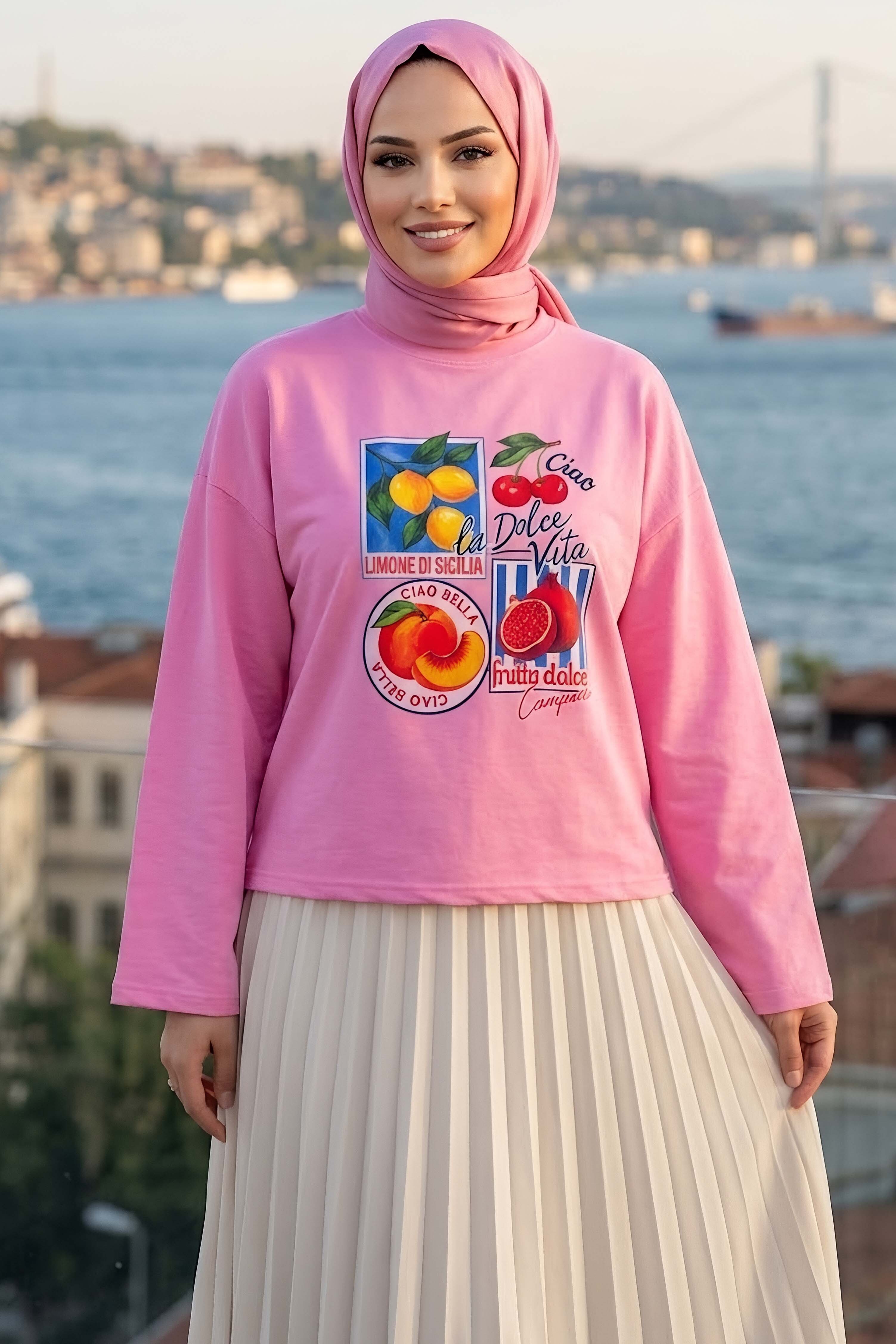 Baskılı Oversize Sweat D2 Pembe - 28778-D2-PEMBE - 1