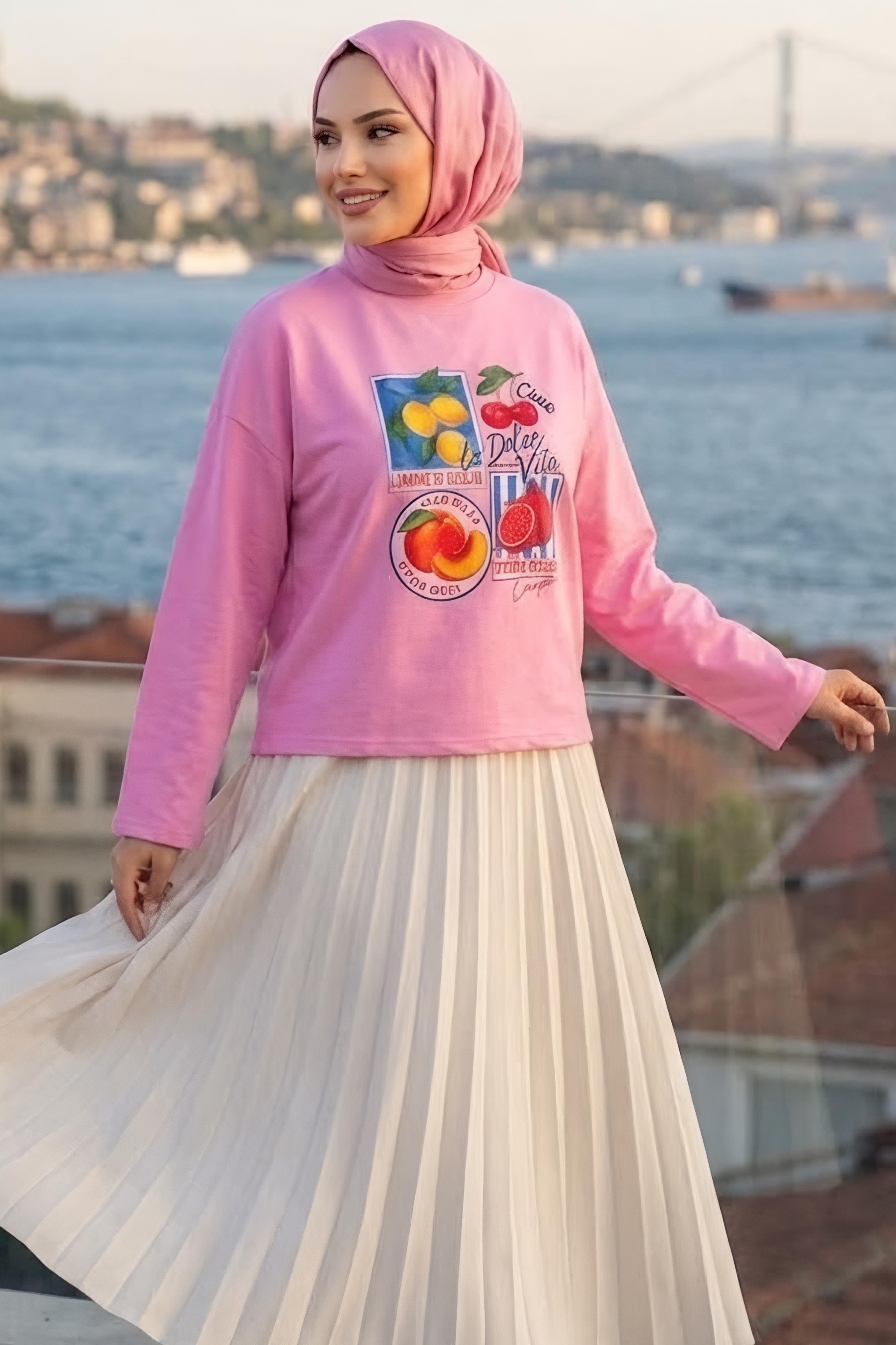 Baskılı Oversize Sweat D2 Pembe - 28778-D2-PEMBE - 2