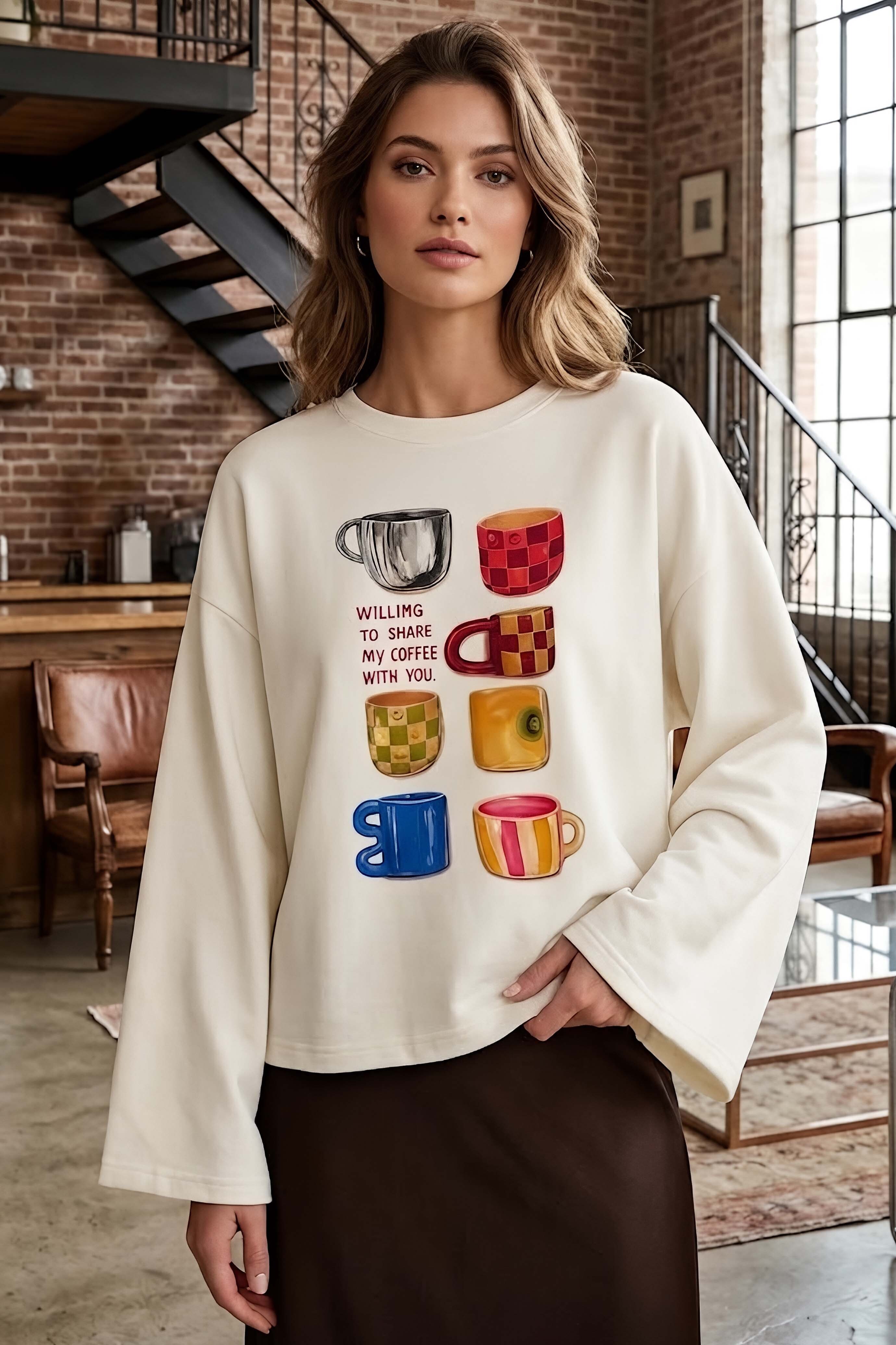 Baskılı Oversize Sweat D3 Beyaz - 28778-D3-BEYAZ - 1