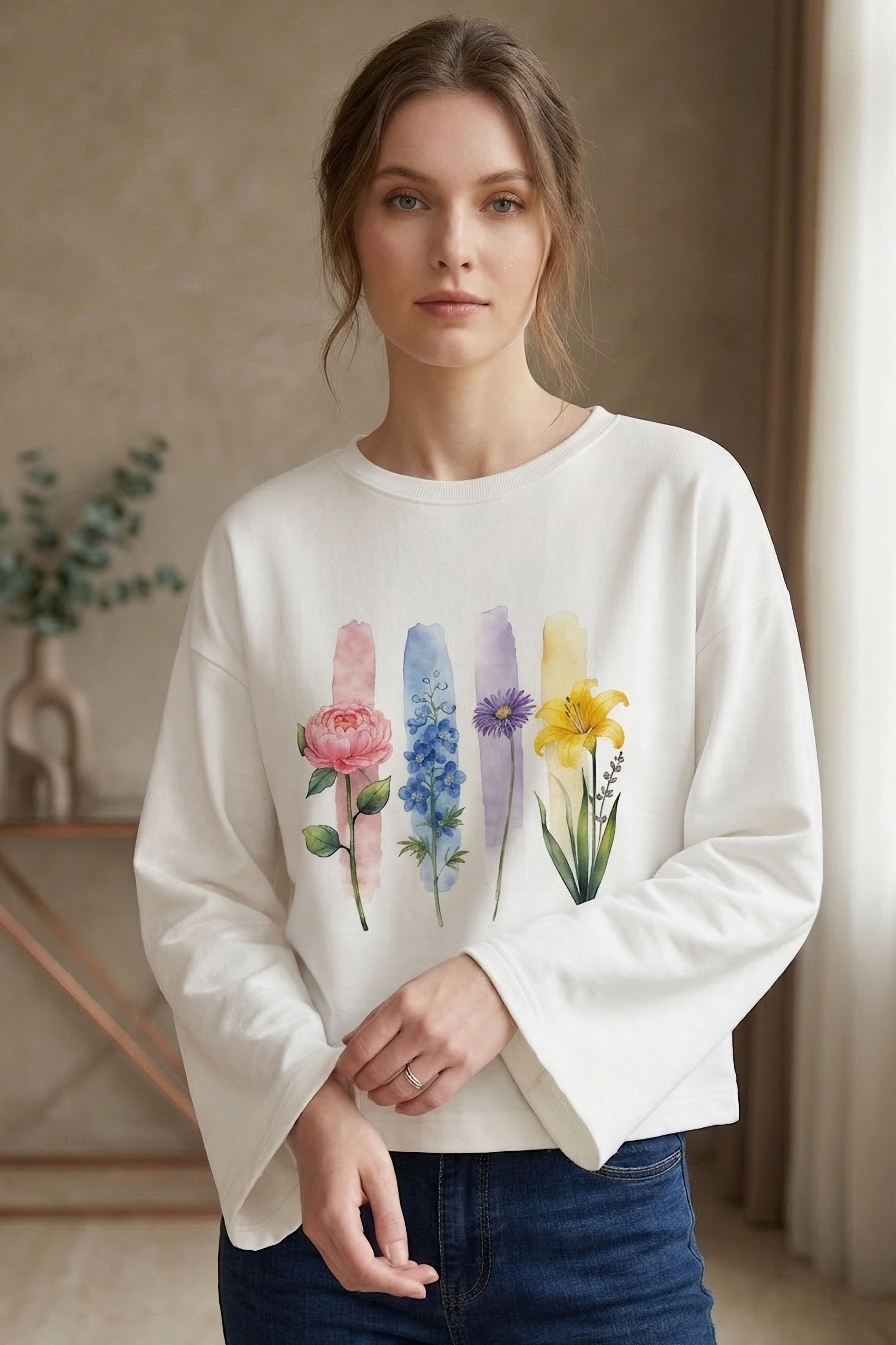 Baskılı Oversize Sweat D4 Beyaz - 28778-D4-BEYAZ - 2