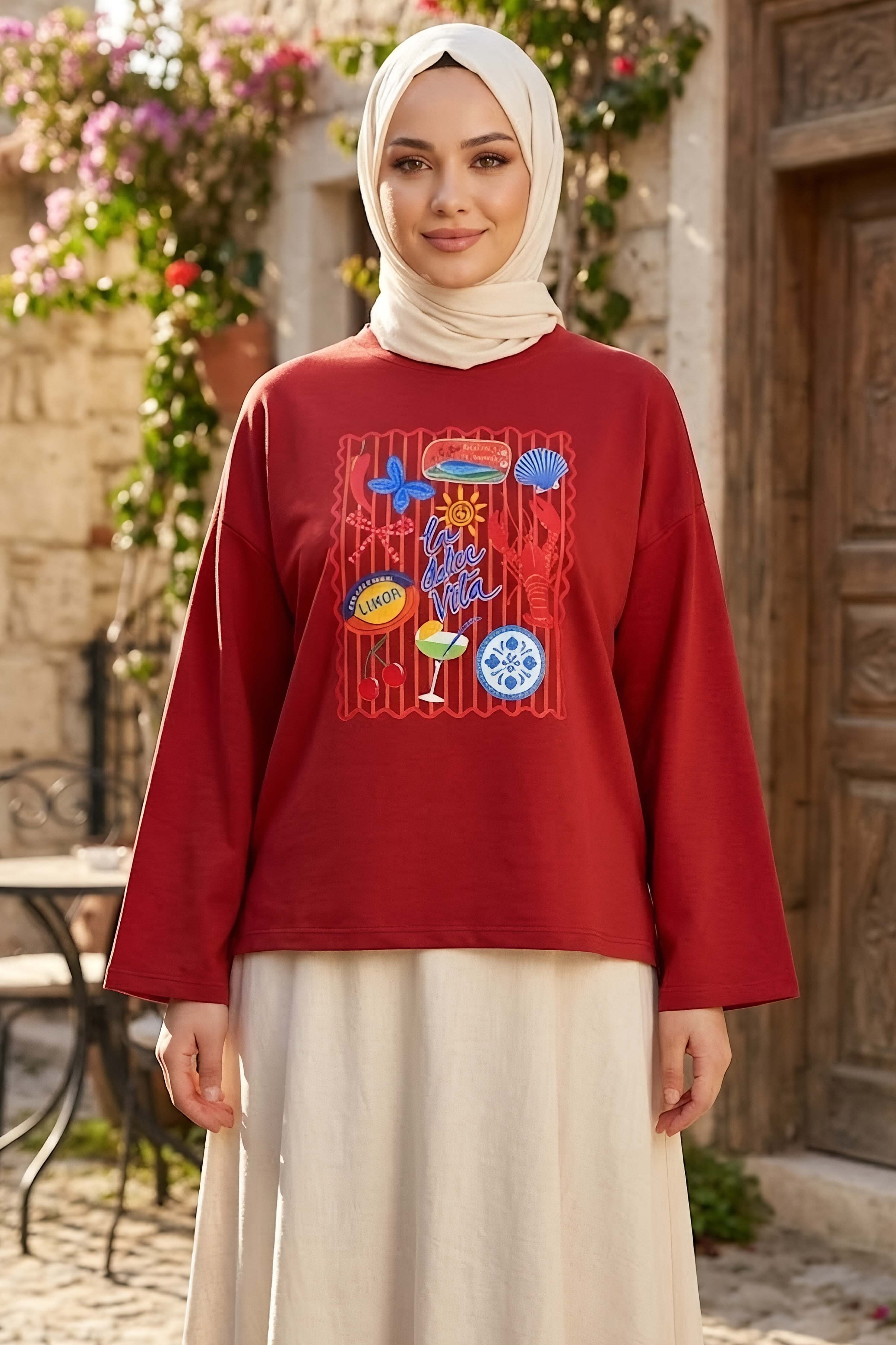 Baskılı Oversize Sweat D4 Kirmizi - 28778-D4-KIRMIZI - 1