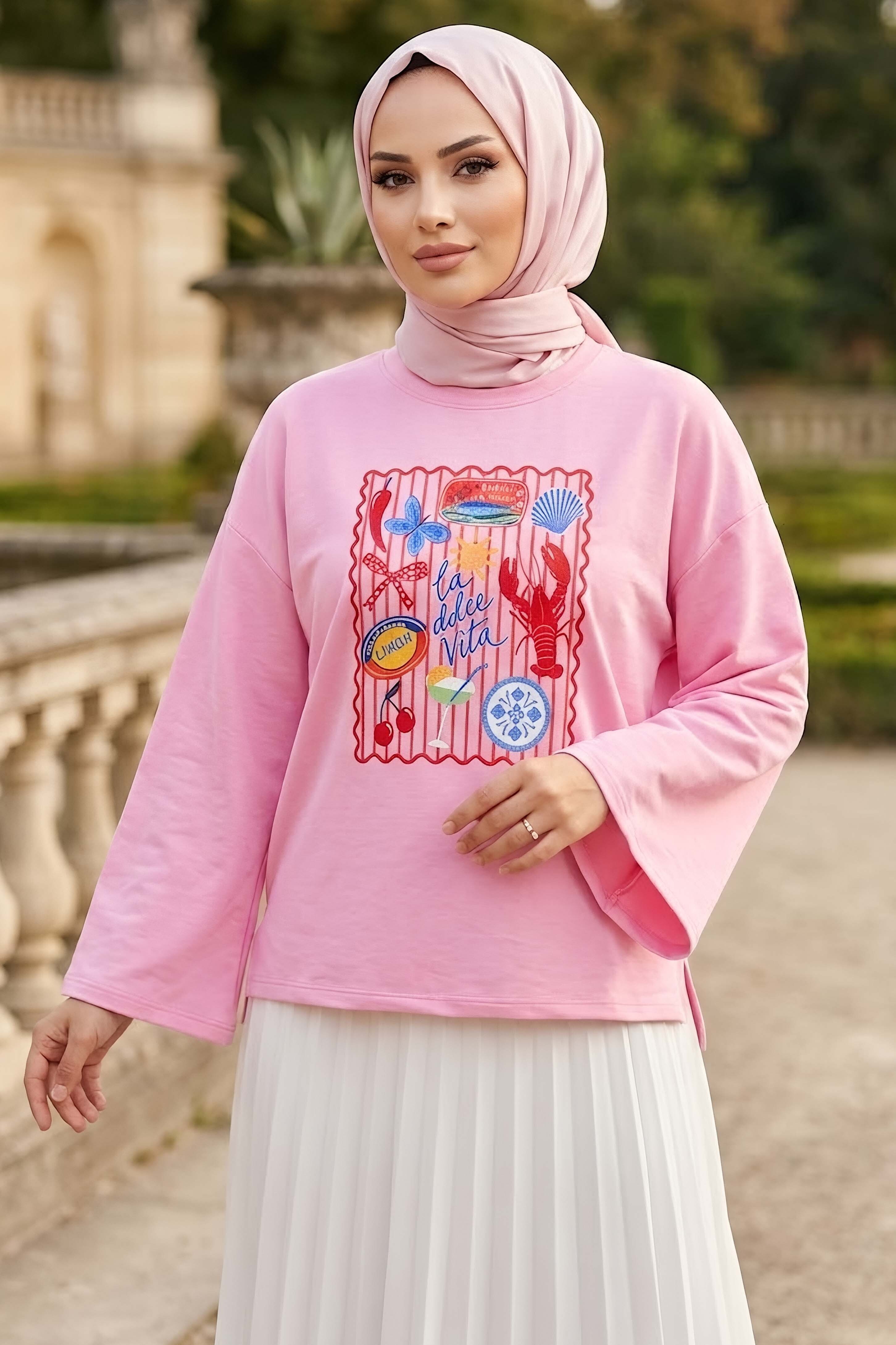 Baskılı Oversize Sweat D5 Pembe - 28778-D5-PEMBE - 1