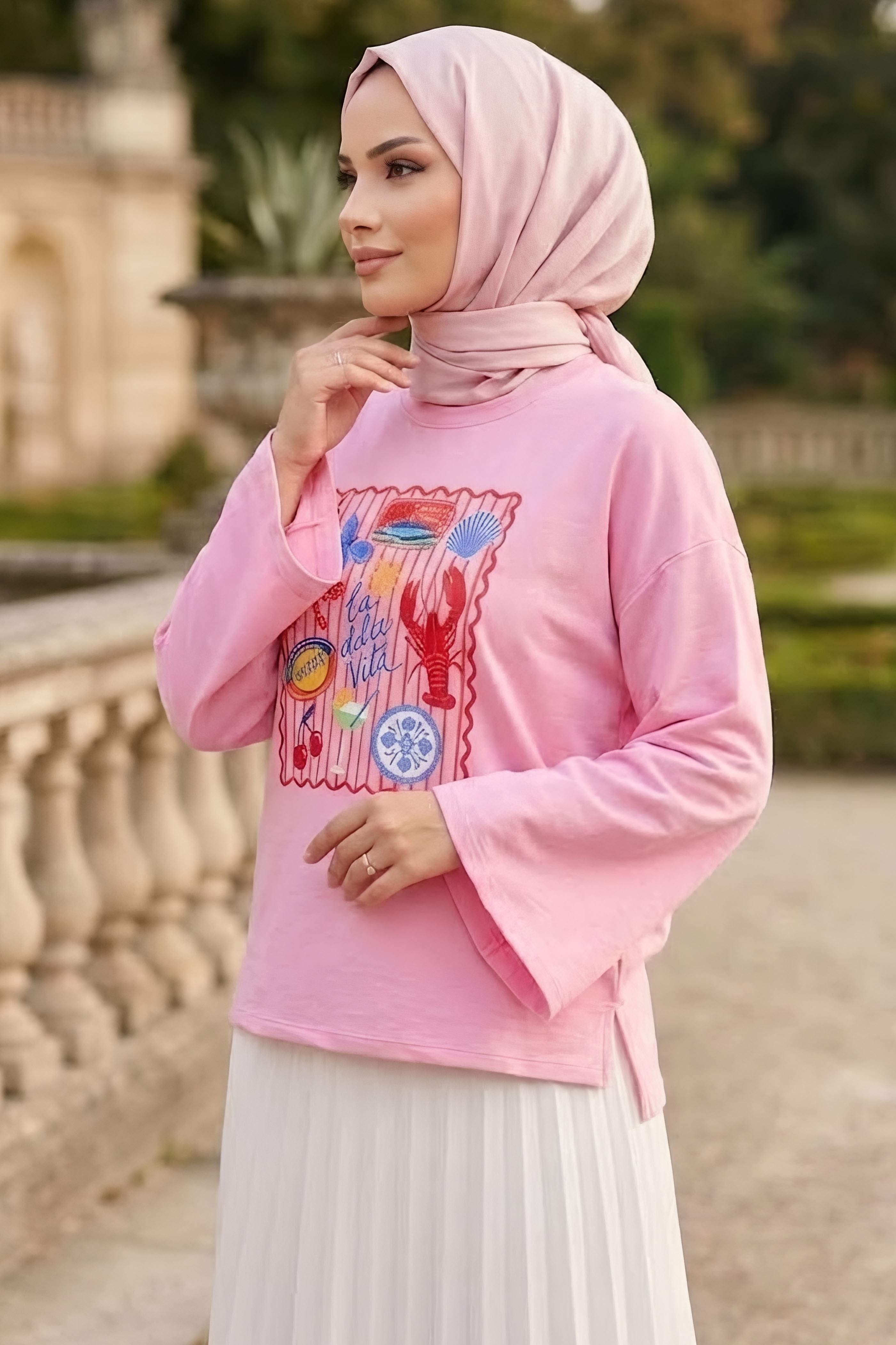 Baskılı Oversize Sweat D5 Pembe - 28778-D5-PEMBE - 2