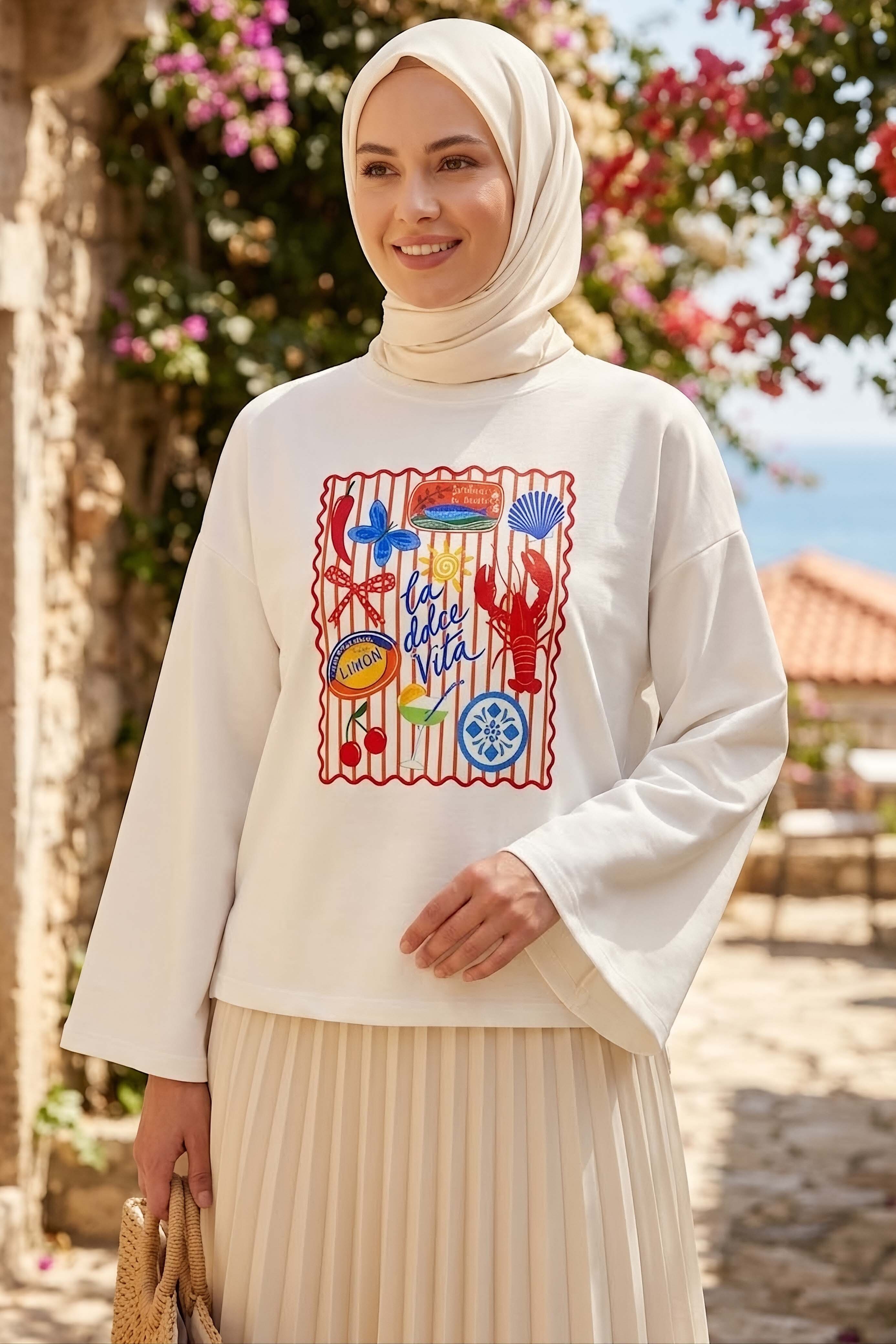 Baskılı Oversize Sweat D6 Beyaz - 28778-D6-BEYAZ - 1