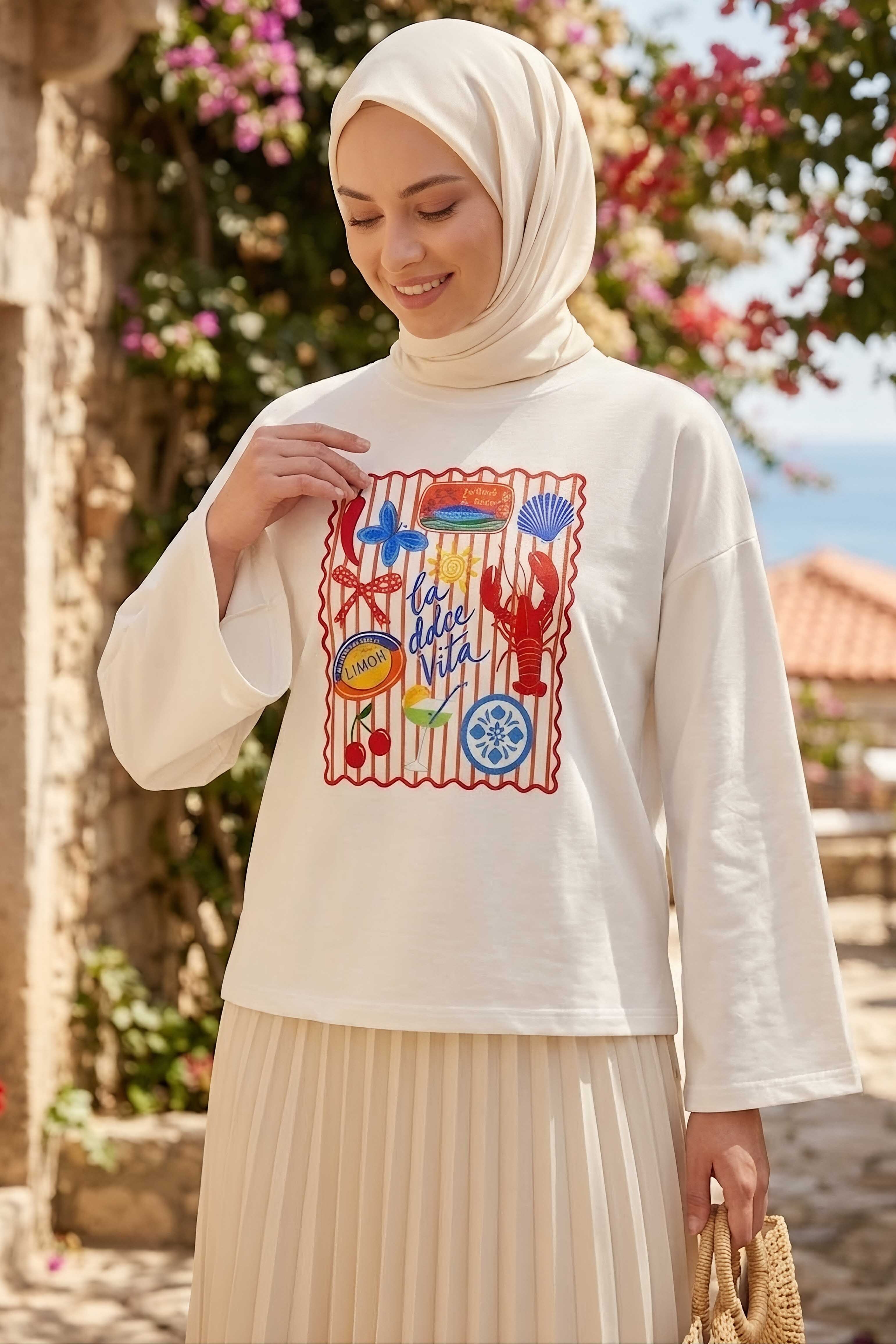 Baskılı Oversize Sweat D6 Beyaz - 28778-D6-BEYAZ - 2