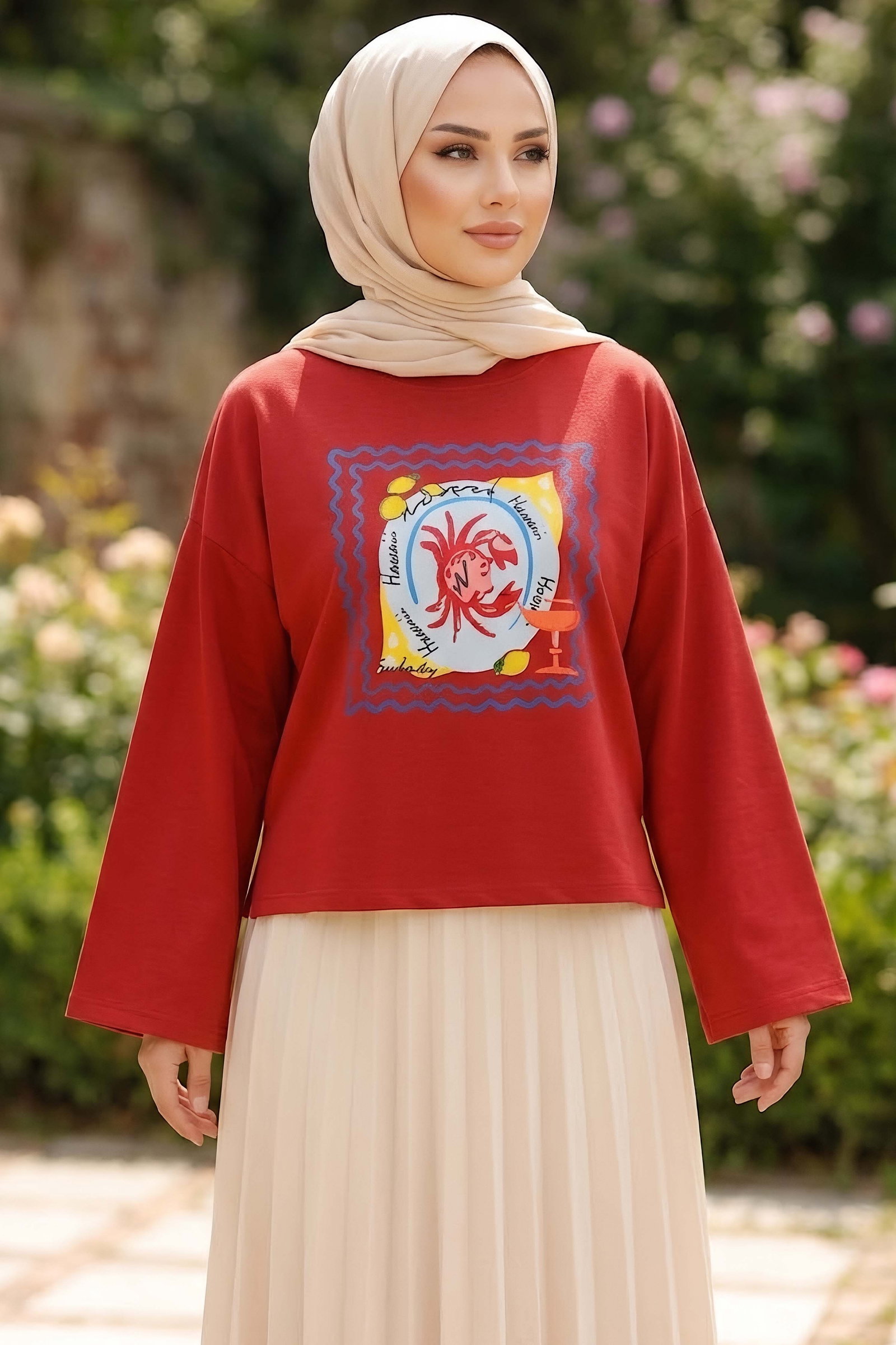 Baskılı Oversize Sweat D6 Kirmizi - 28778-D6-KIRMIZI - 1