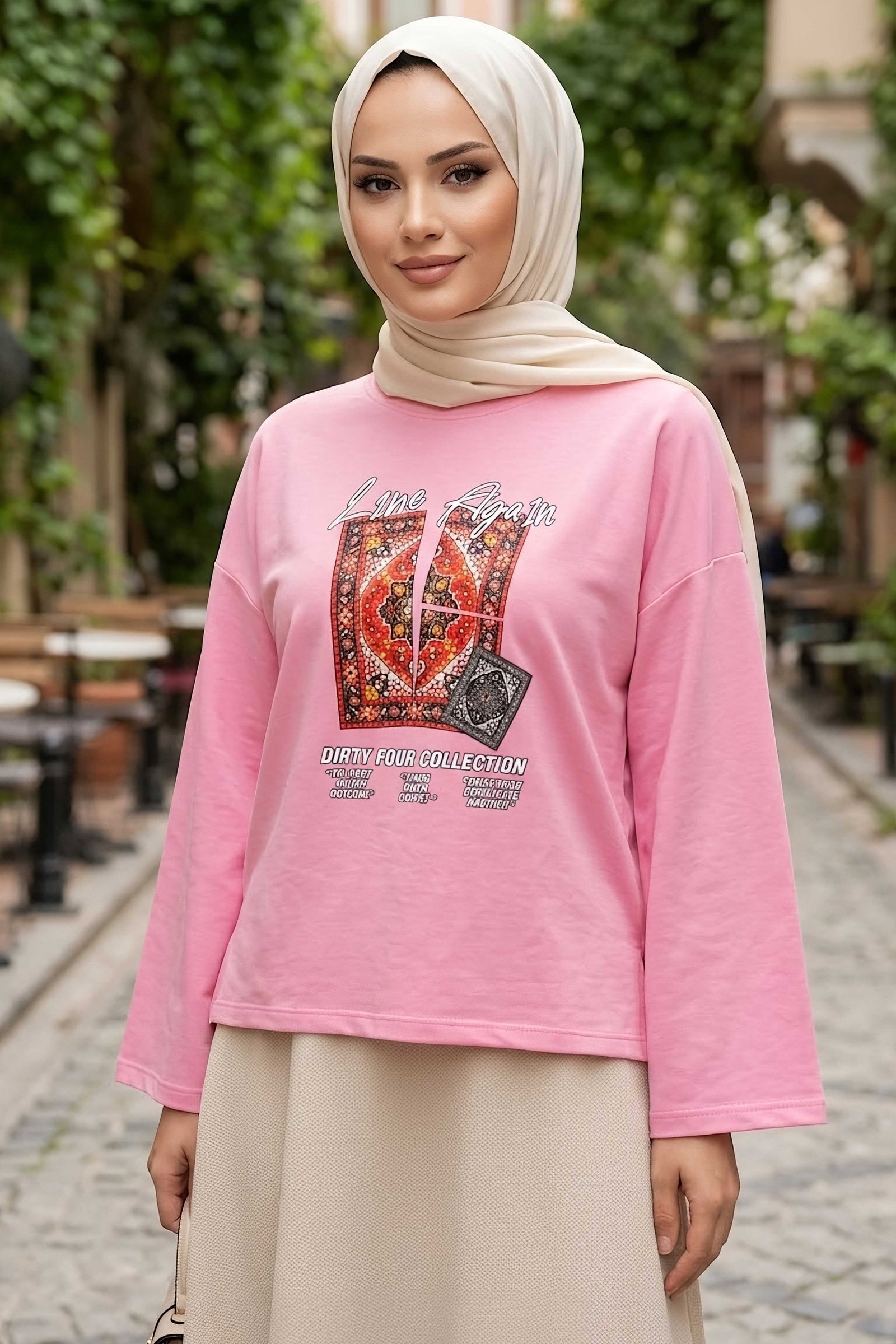 Baskılı Oversize Sweat D6 Pembe - 28778-D6-PEMBE - 1