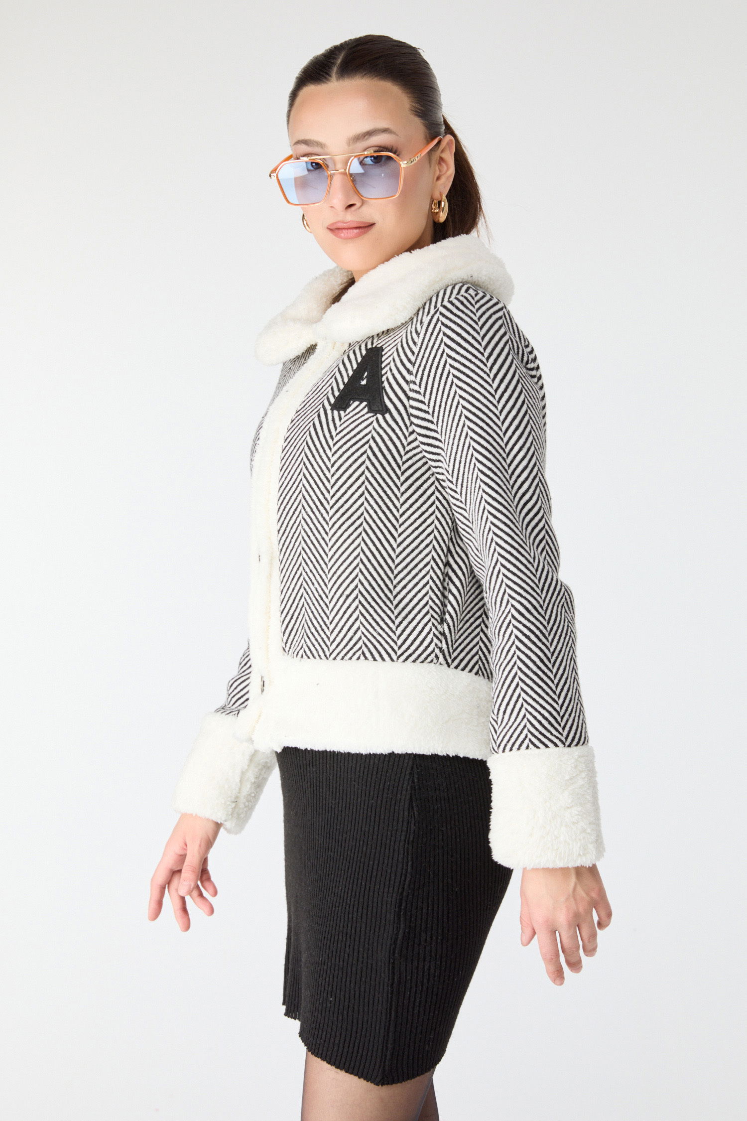 Baskılı Peluş Ceket - 27763-BEYAZ - 2