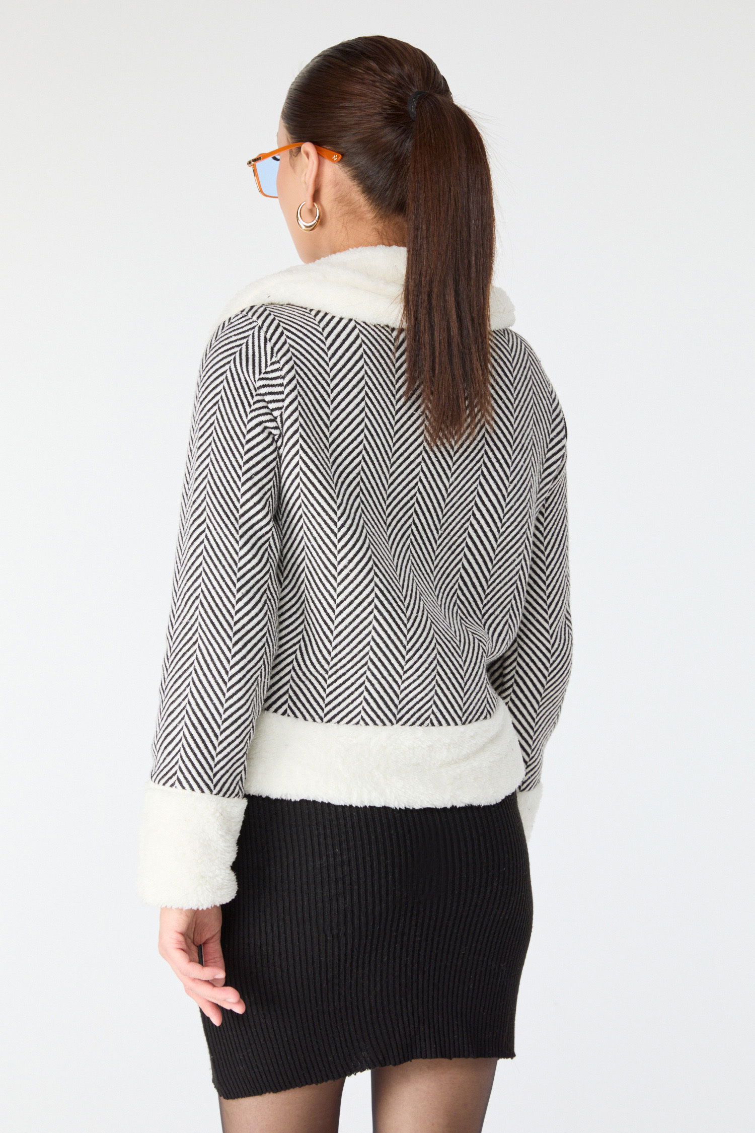 Baskılı Peluş Ceket - 27763-BEYAZ - 5