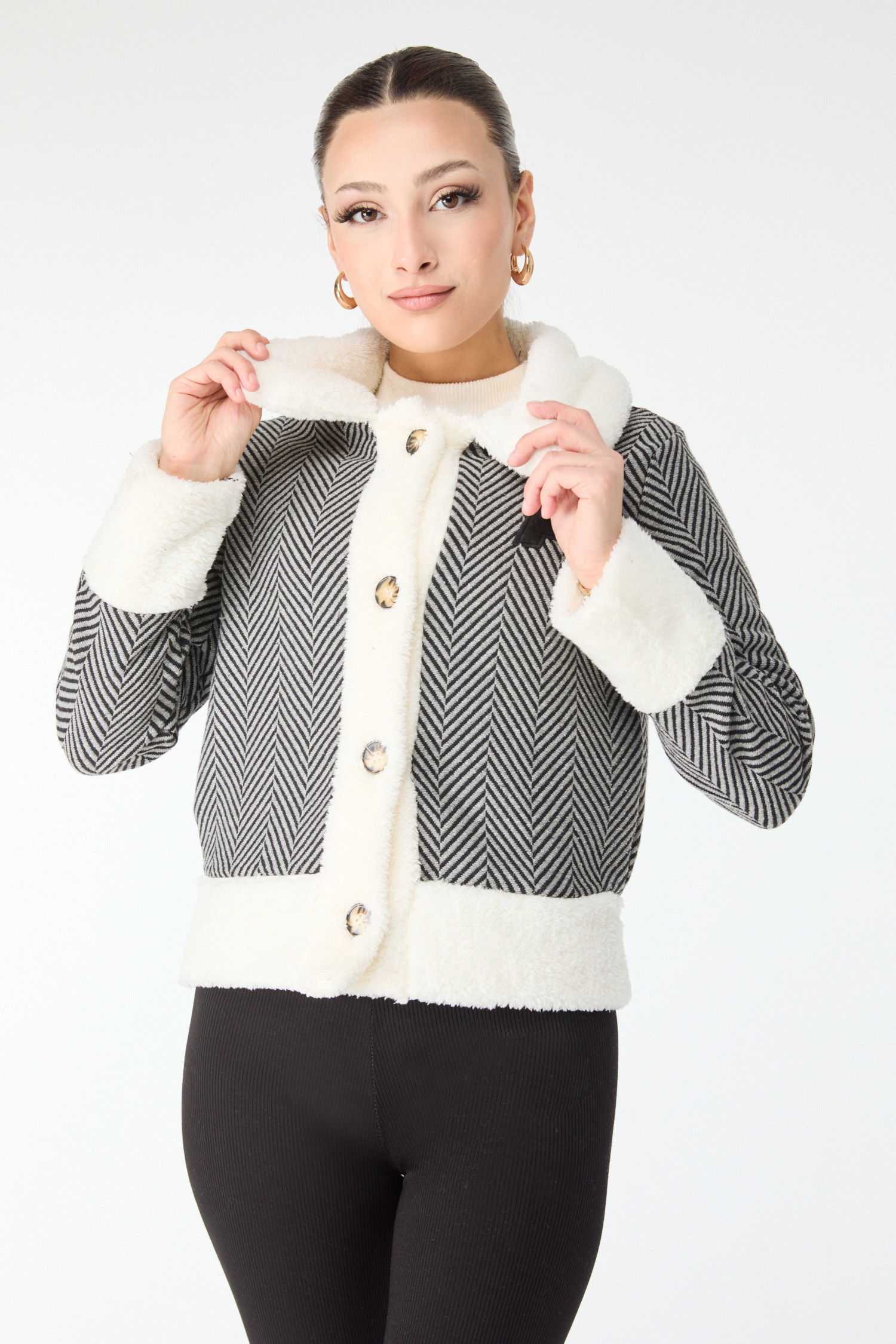 Baskılı Peluş Ceket - 27763-GRI - 2