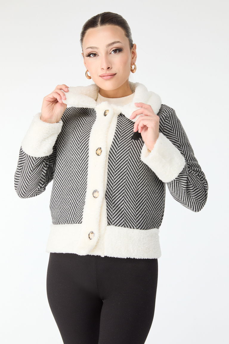 Baskılı Peluş Ceket - 27763-GRI - TOFİSA