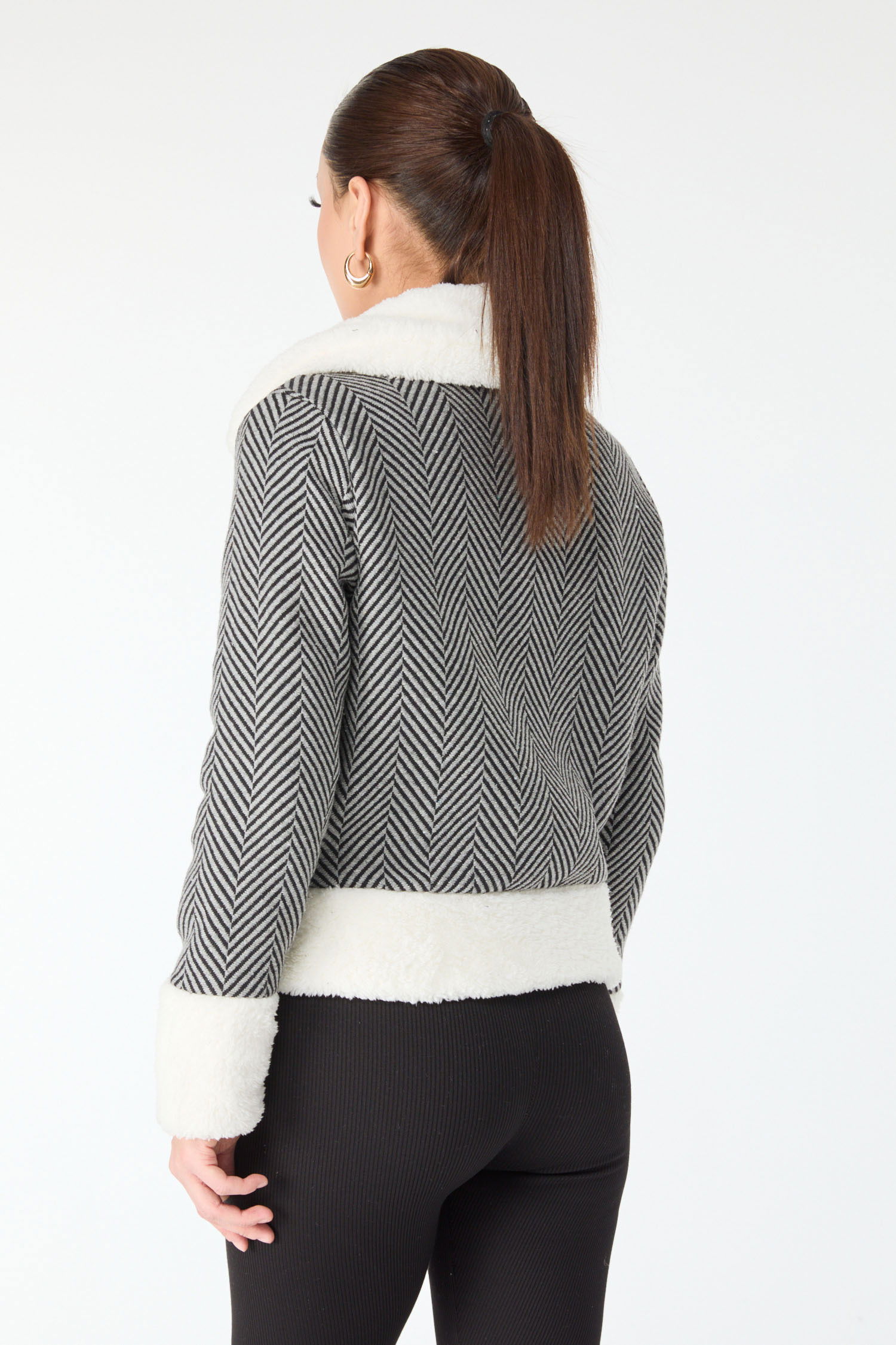 Baskılı Peluş Ceket - 27763-GRI - 5