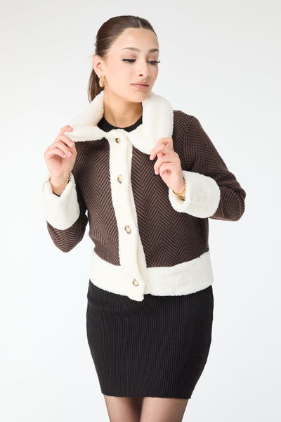 Baskılı Peluş Ceket - 27763-KAHVE 