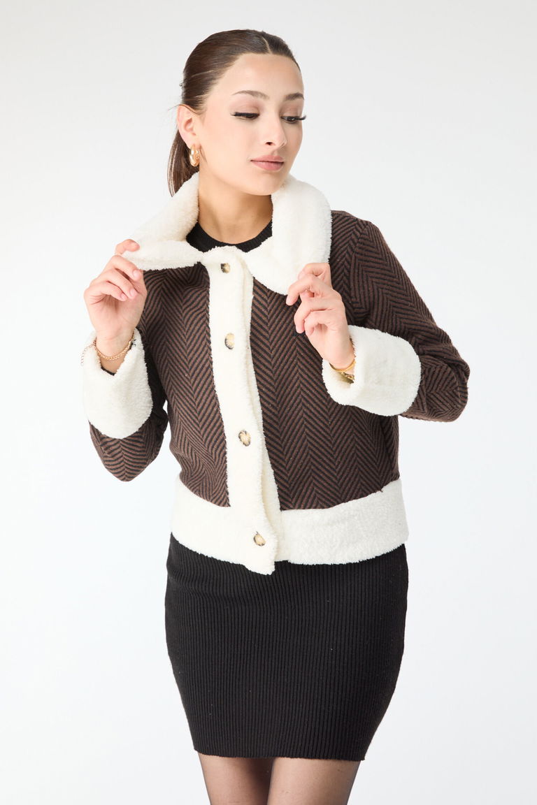 Baskılı Peluş Ceket - 27763-KAHVE - TOFİSA