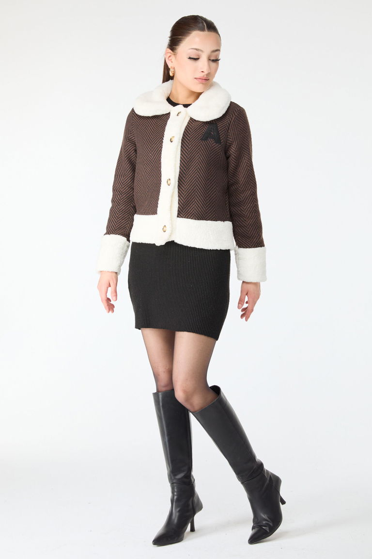 Baskılı Peluş Ceket - 27763-KAHVE - TOFİSA