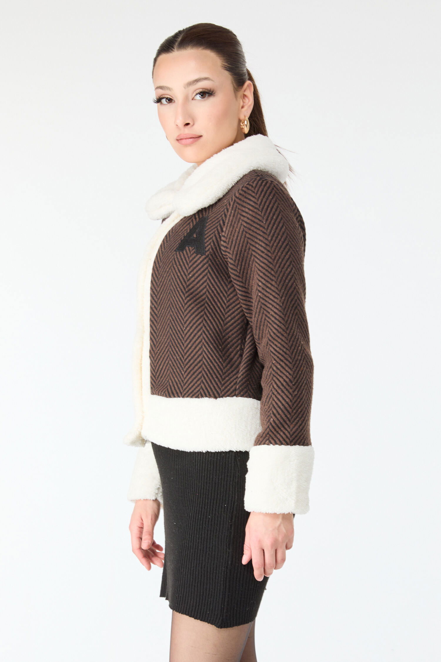 Baskılı Peluş Ceket - 27763-KAHVE - 3