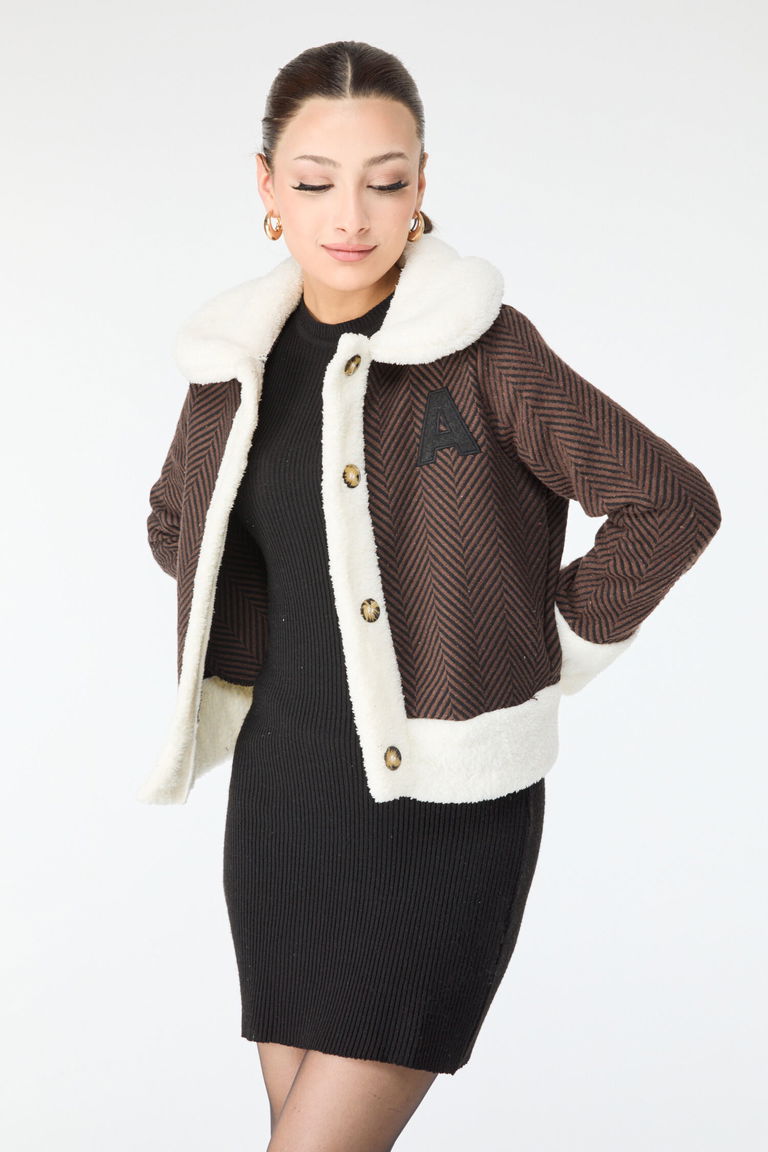 Baskılı Peluş Ceket - 27763-KAHVE - TOFİSA