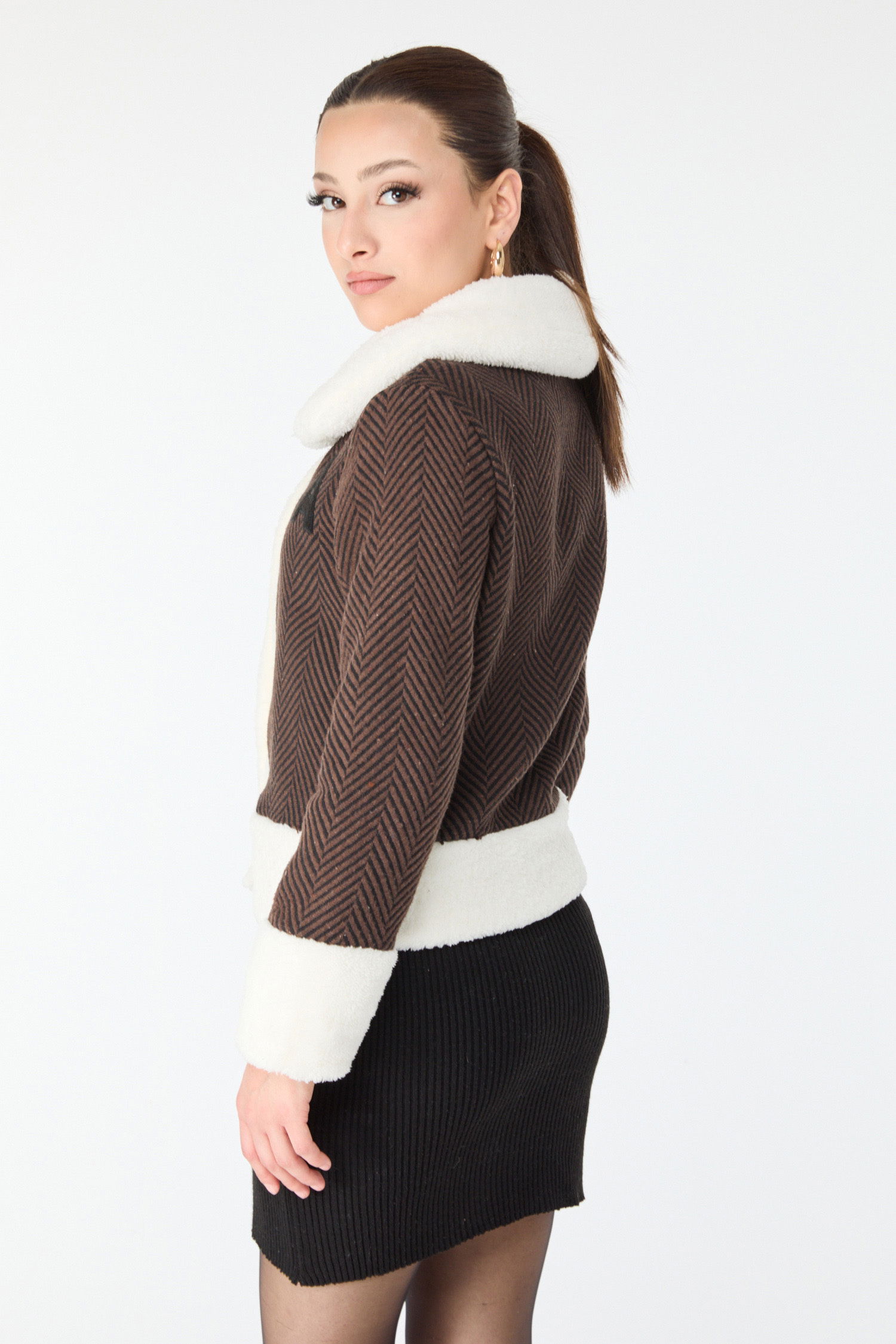 Baskılı Peluş Ceket - 27763-KAHVE - 6