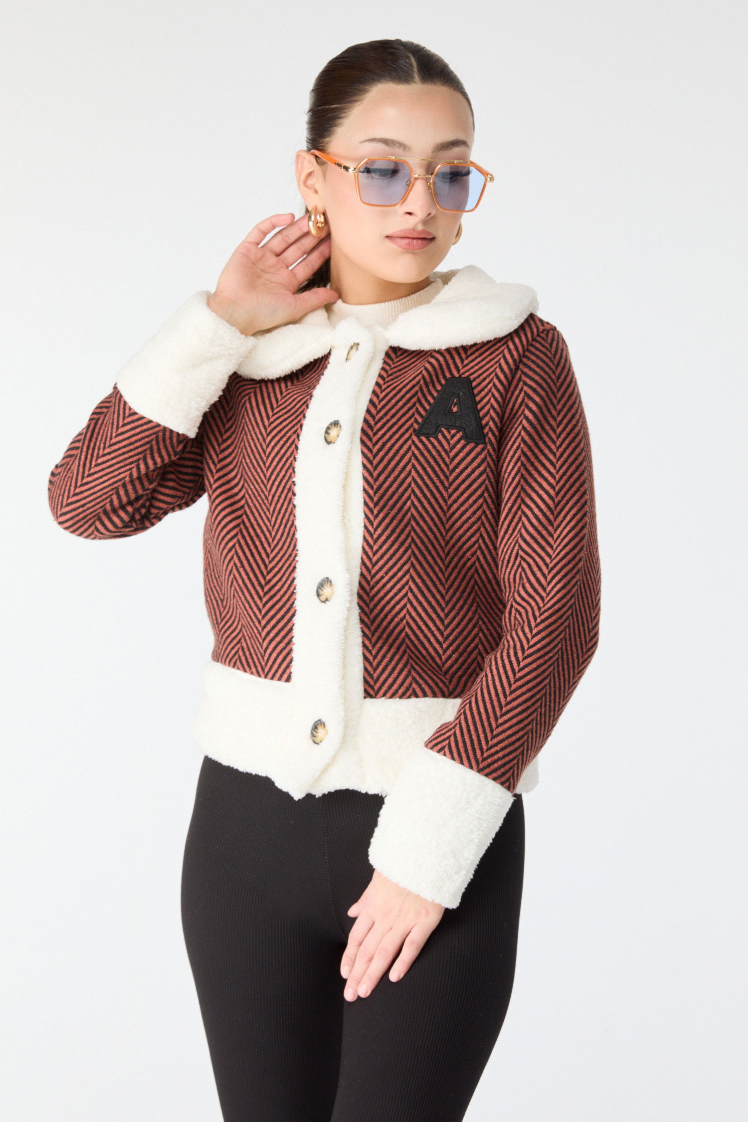 Baskılı Peluş Ceket - 27763-KIREMIT - 2