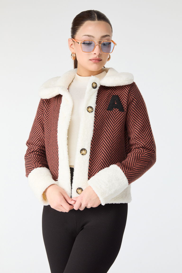 Baskılı Peluş Ceket - 27763-KIREMIT - TOFİSA