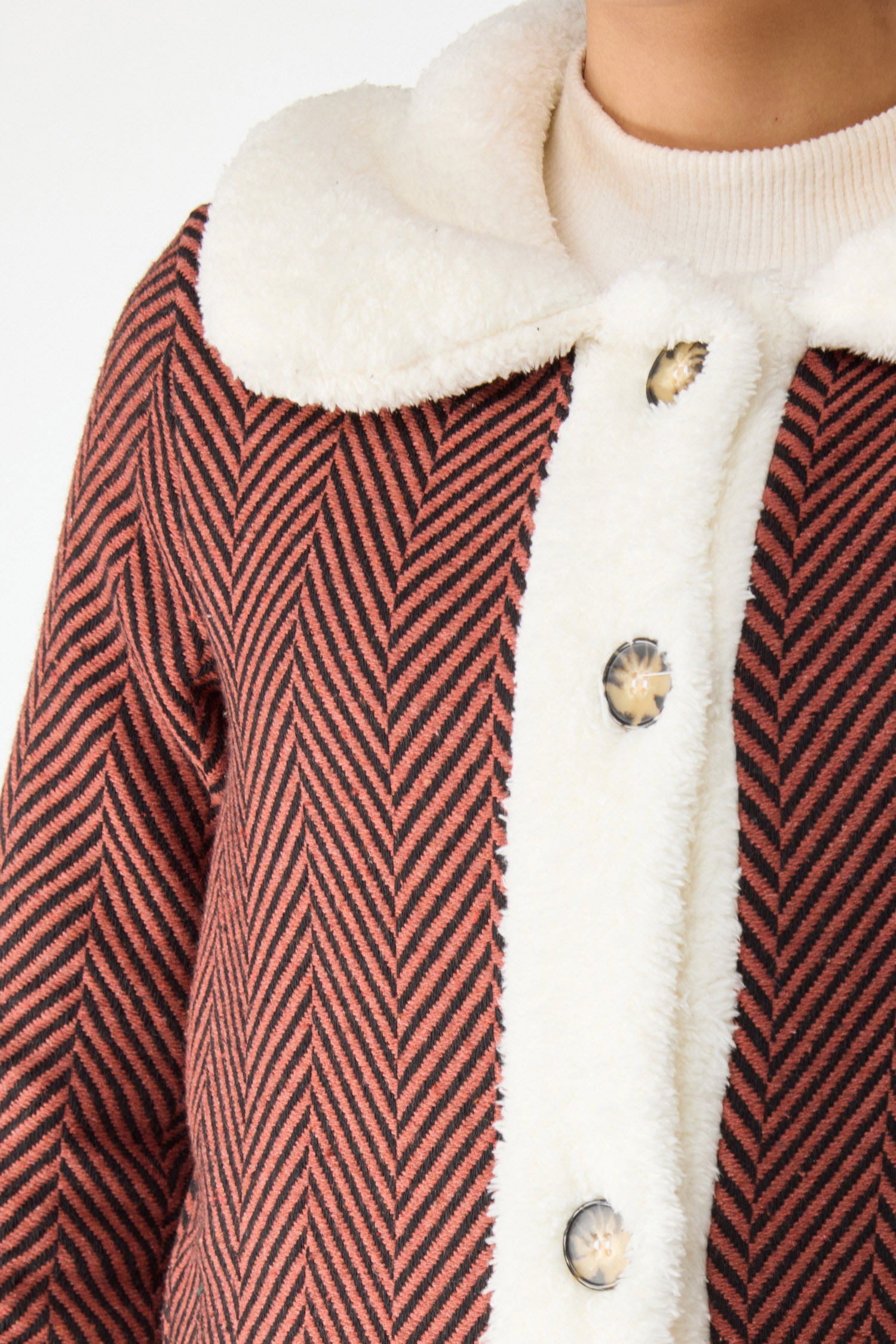 Baskılı Peluş Ceket - 27763-KIREMIT - 5