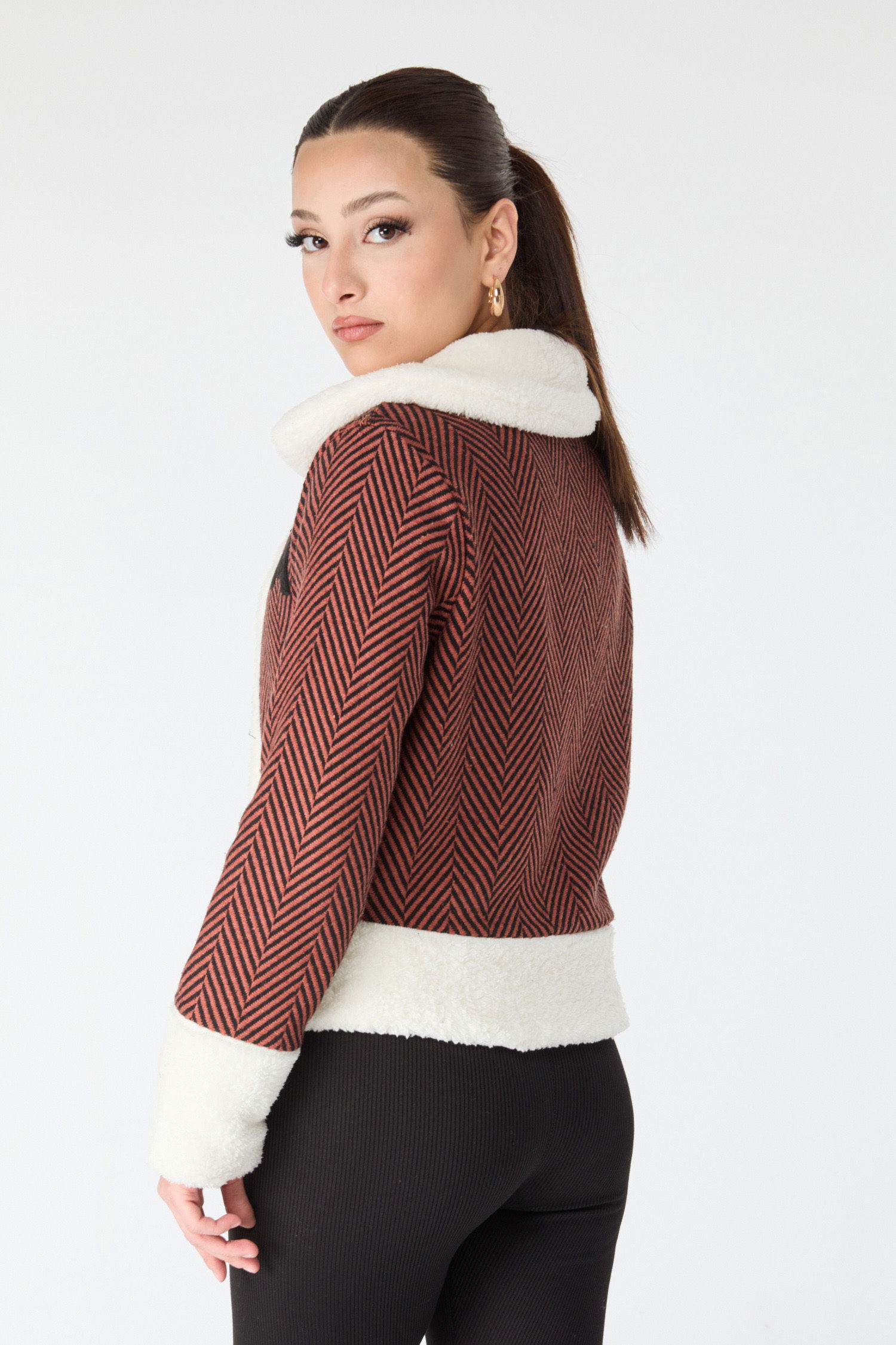 Baskılı Peluş Ceket - 27763-KIREMIT - 6