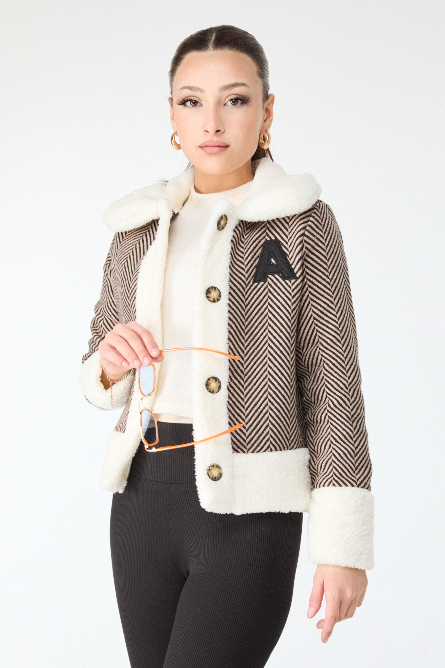 Baskılı Peluş Ceket - 27763-VIZON - 1