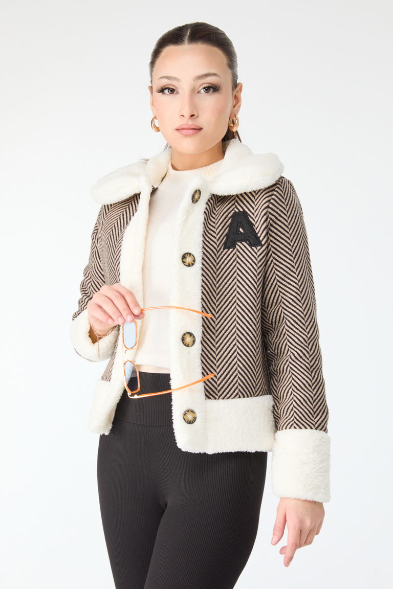 Baskılı Peluş Ceket - 27763-VIZON - TOFİSA