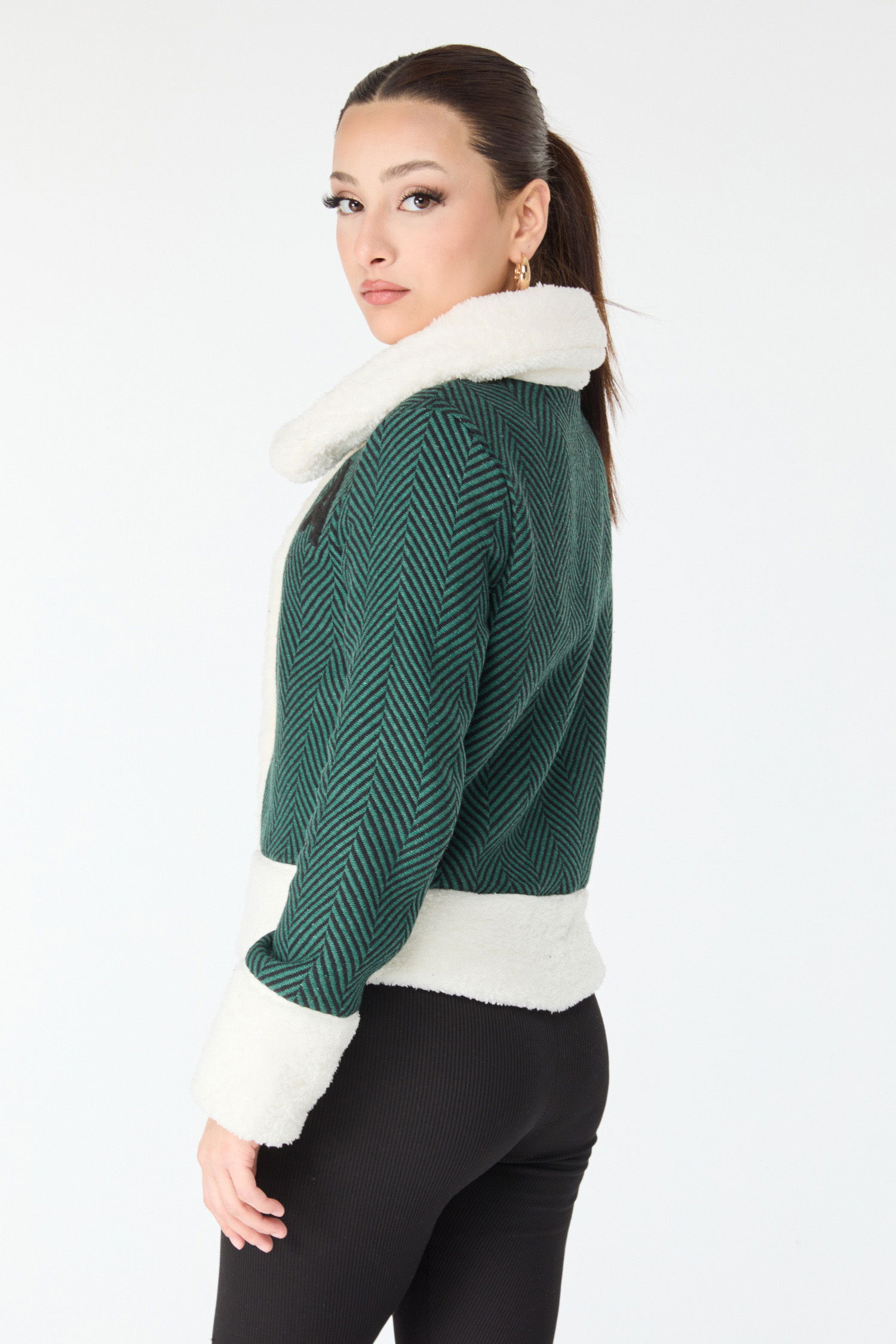 Baskılı Peluş Ceket - 27763-ZUMRUT - 4