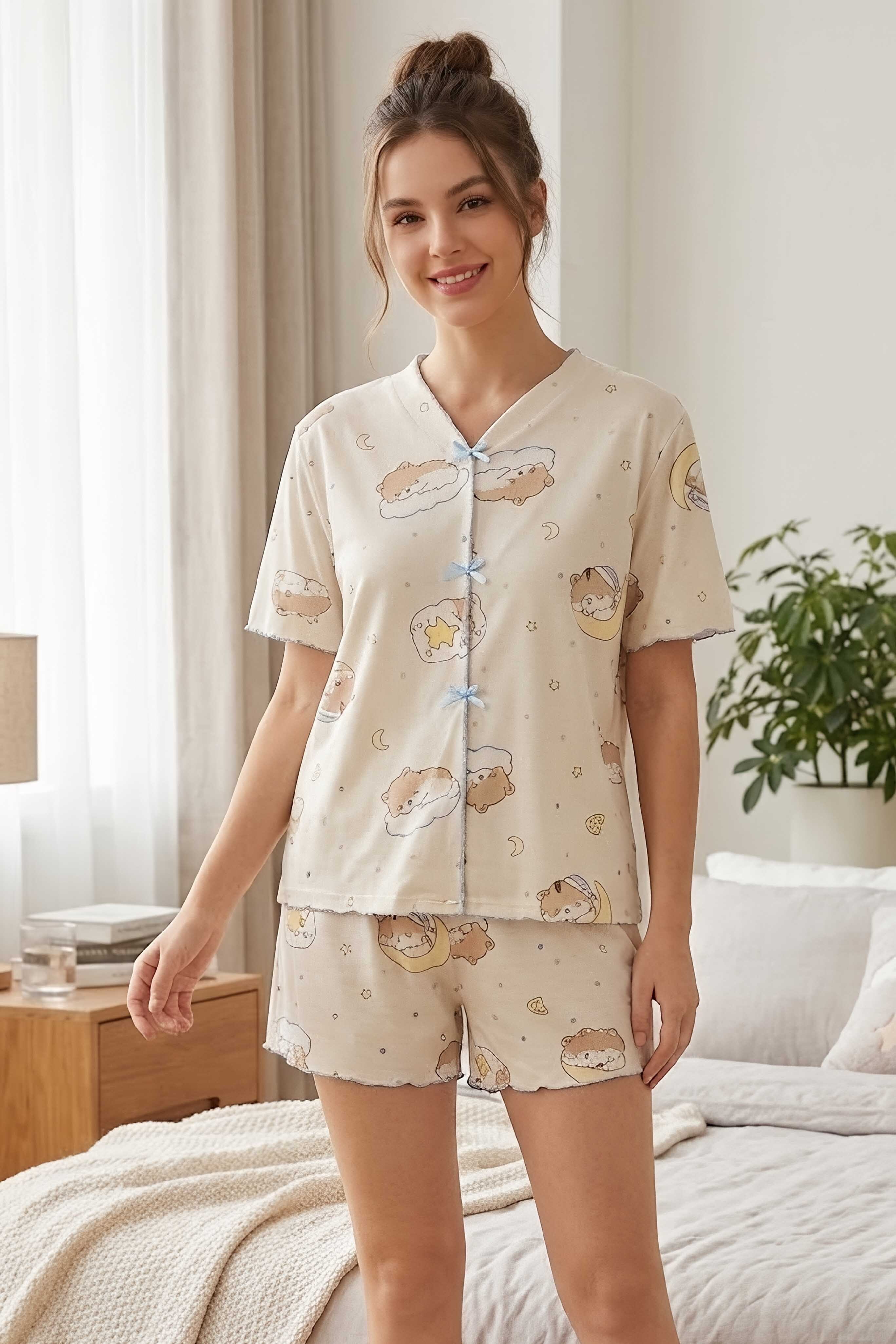 Baskılı Şortlu Takım Krem - 28856-KREM - 1