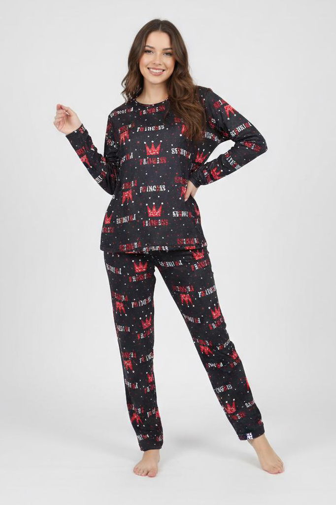 Baskılı Süet Pijama Takımı - 28174-SIYAH - 1