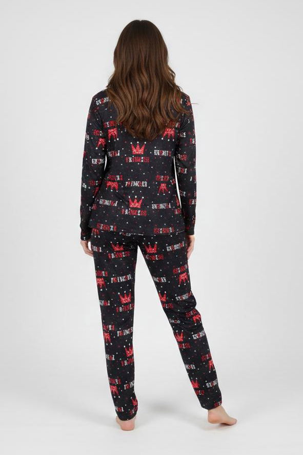 Baskılı Süet Pijama Takımı - 28174-SIYAH - 2