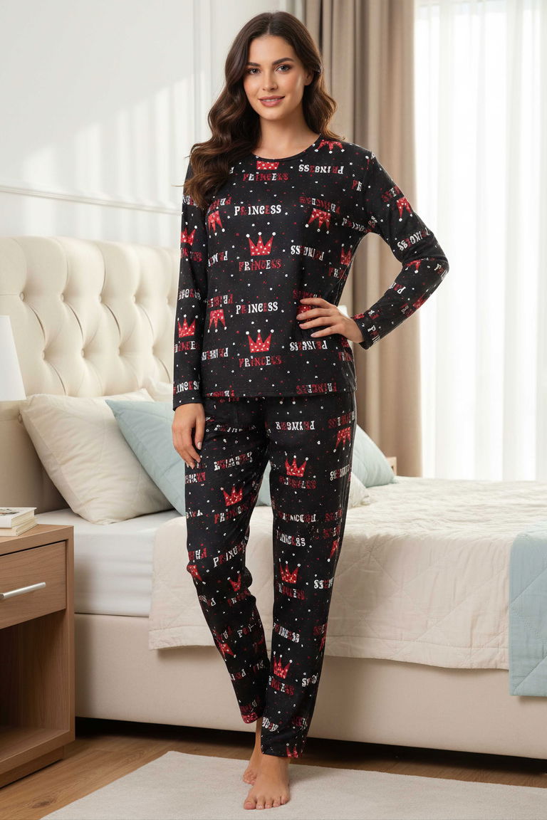 Baskılı Süet Pijama Takımı - 28174-SIYAH - TOFİSA