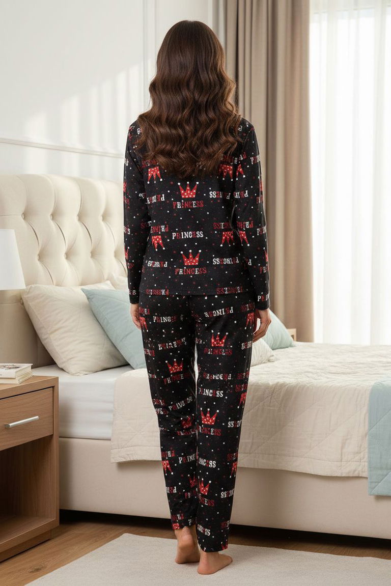 Baskılı Süet Pijama Takımı - 28174-SIYAH - TOFİSA