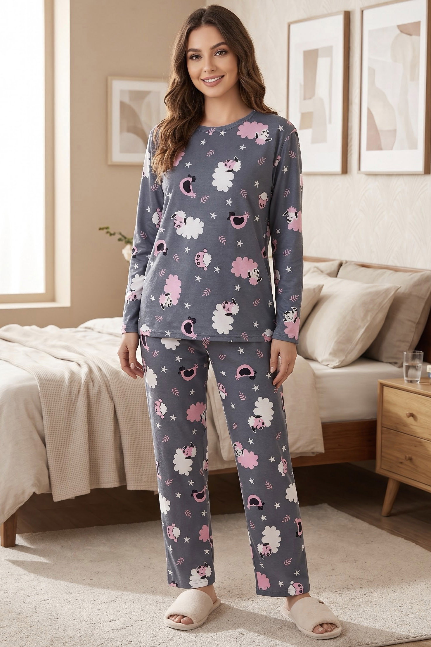 Baskılı Süet Pijama Takımı Füme - 40508-FUME - 1